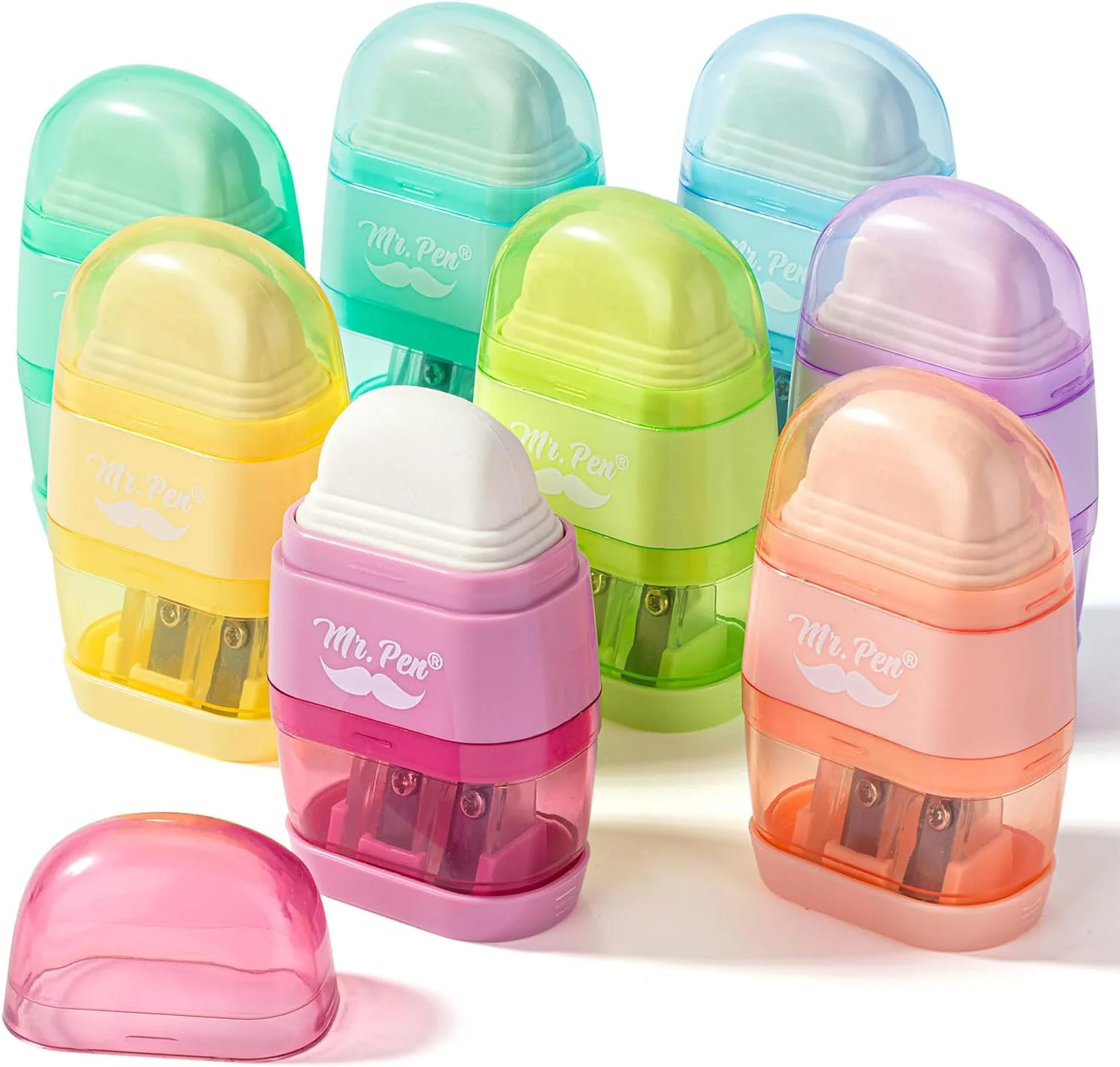 آقای پن - تراش مداد، پاک کن، بسته 4 عددی، رنگارنگ، 2 سوراخ تراش، تراش دستی کوچک مداد، رنگ های پاستلی