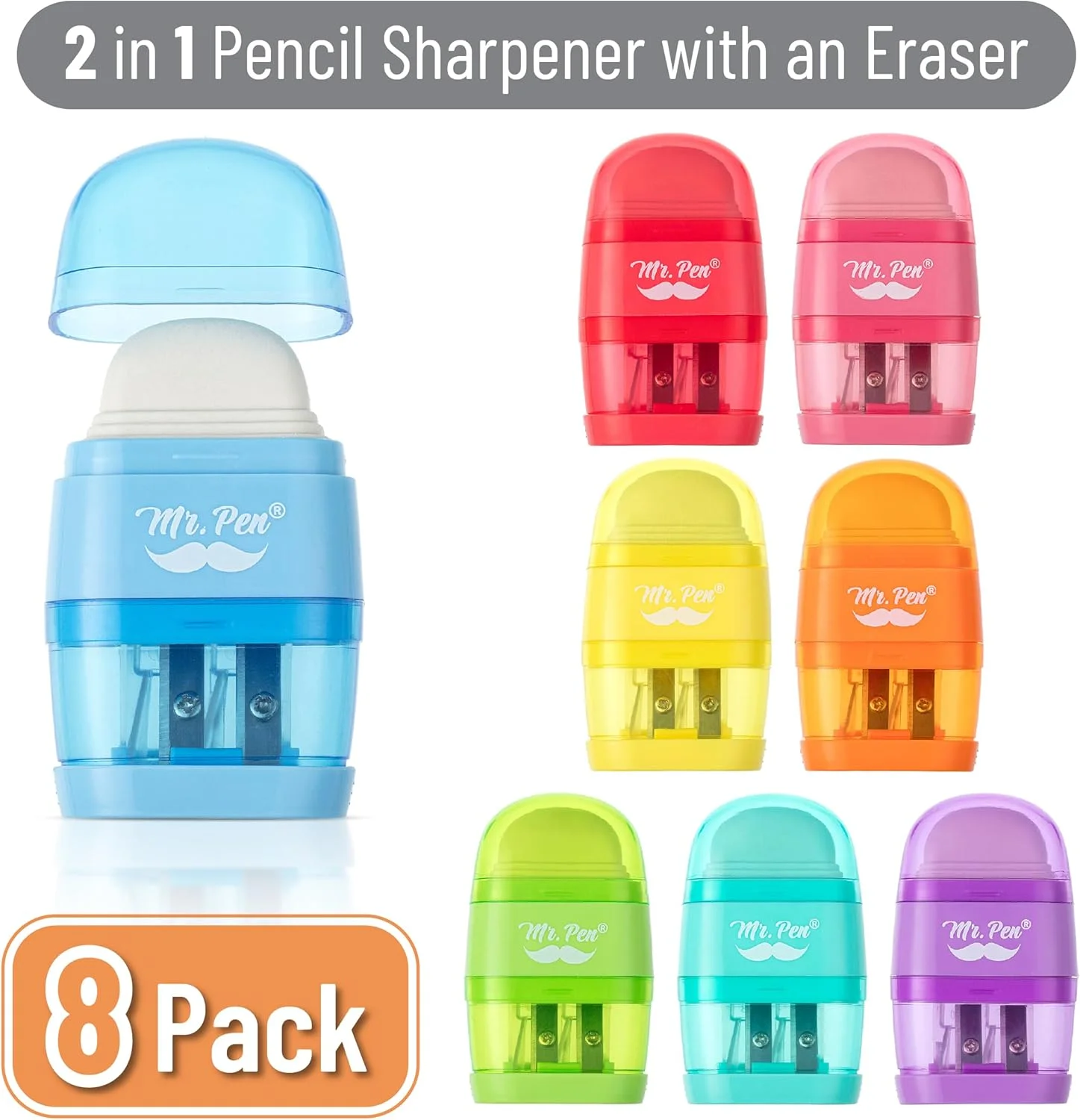 آقای پن - تراش و پاک کن مداد، بسته 8 عددی، رنگ های روشن، 2 سوراخ تراش، تراش دستی مداد آقای پن - تراش و پاک کن مداد، بسته 8 عددی، رنگ های روشن، 2 سوراخ تراش، تراش دستی مداد