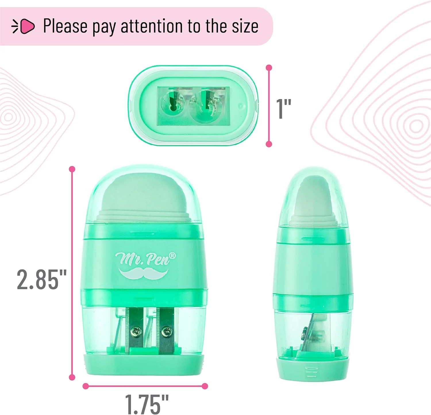 آقای پن - تراش مداد، پاک کن، بسته 4 عددی، رنگارنگ، 2 سوراخ تراش، تراش دستی کوچک مداد، رنگ های پاستلی