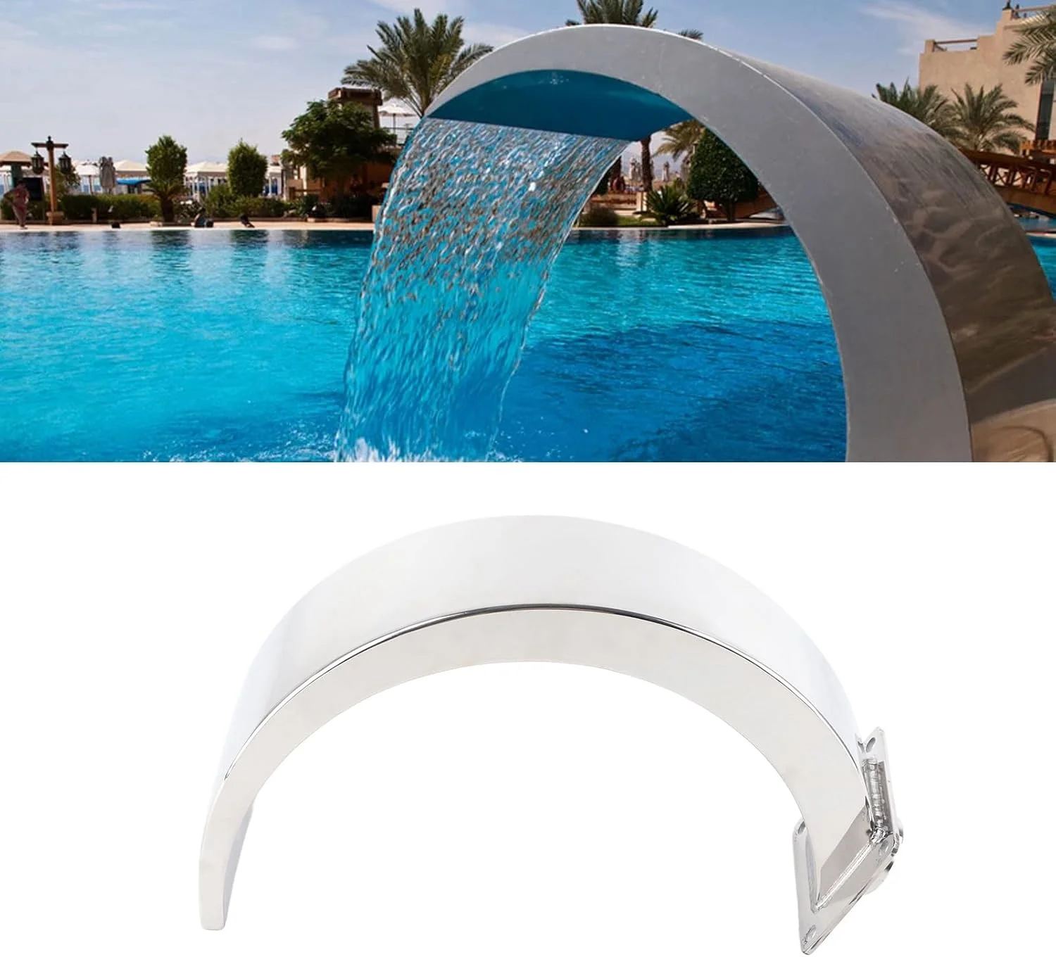 فواره آبشار استخر فوکتی، دارای 15 خروجی با طراحی قوس گرد، رزوه مادگی G1، جنس استیل ضد زنگ، مناسب برای استخرها، باغ ها و زمین های بازی