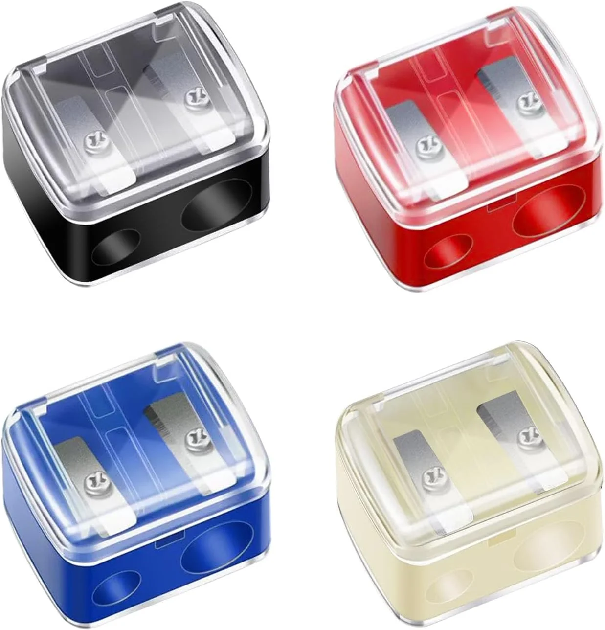 تراش آرایشی مداد، بسته 4 عددی تراش مداد آرایشی دو سوراخه برای خط لب، خط چشم و مداد ابرو، ابزار دستی آرایشی برای زنان و آرایشگران، تیغه های فولادی ضد زنگ و پوشش پلاستیکی