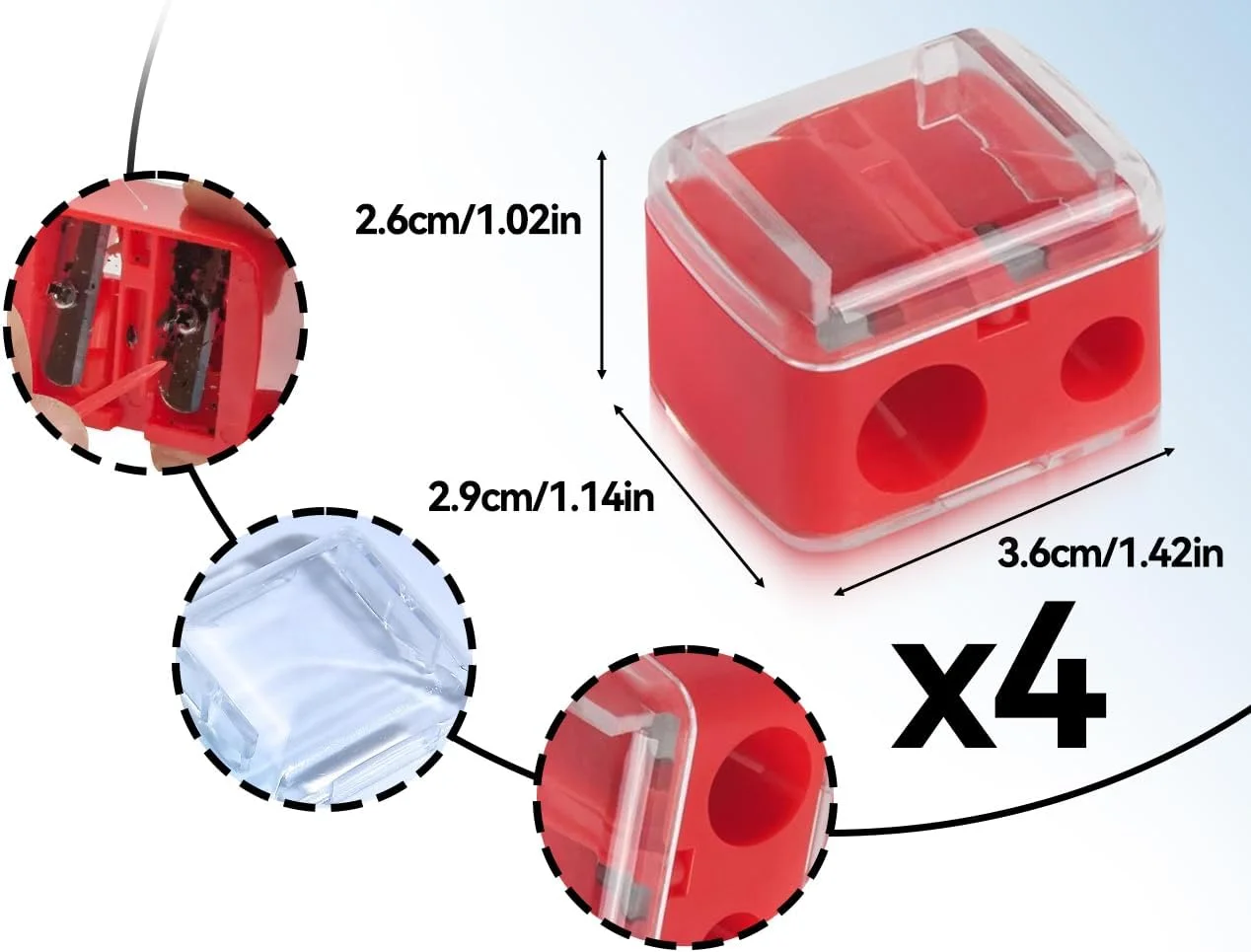 Lhbwhiz Pack of 4 Sharpeners for Eyeliner Pencils, 2 Holes Cosmetic Sharpener, Makeup Double Pencil Sharpener, Cosmetic Pencils, Portable Dual Sharpener, for Eyebrow Pencil, Lip Liner (Red)
