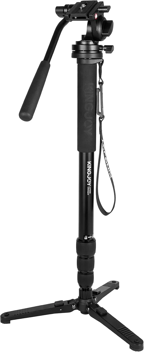 تک پایه سه پایه KINGJOY سری MP، 4 قسمتی با قفل چرخشی، پایه های تلسکوپی به همراه هد سیال و پایه نگهدارنده سه تایی تاشو، جمع و جور، مشکی (MP3008+KH-6750)