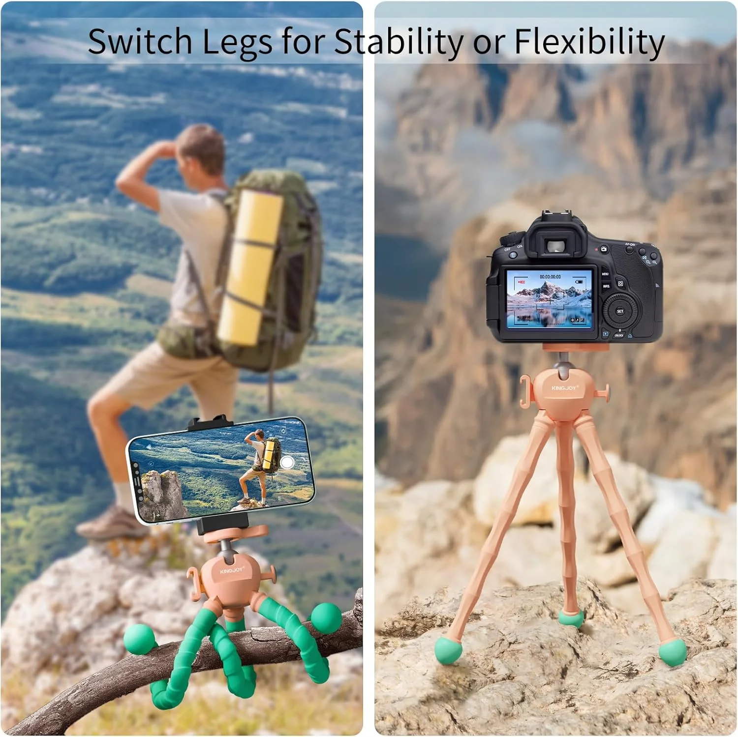 KINGJOY Mobile Phone Tripod Flexible Tripod for Camera Phone Compatible with Canon Nikon Cameras Action Camera with Phone Holder Maximum Load 11 pounds