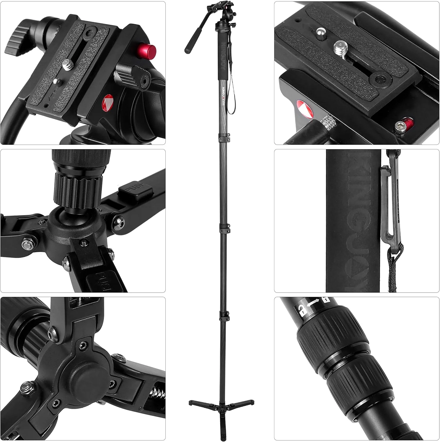 تک پایه سه پایه KINGJOY سری MP، 4 قسمتی با قفل چرخشی، پایه های تلسکوپی به همراه هد سیال و پایه نگهدارنده سه تایی تاشو، جمع و جور، مشکی (MP3008+KH-6750)