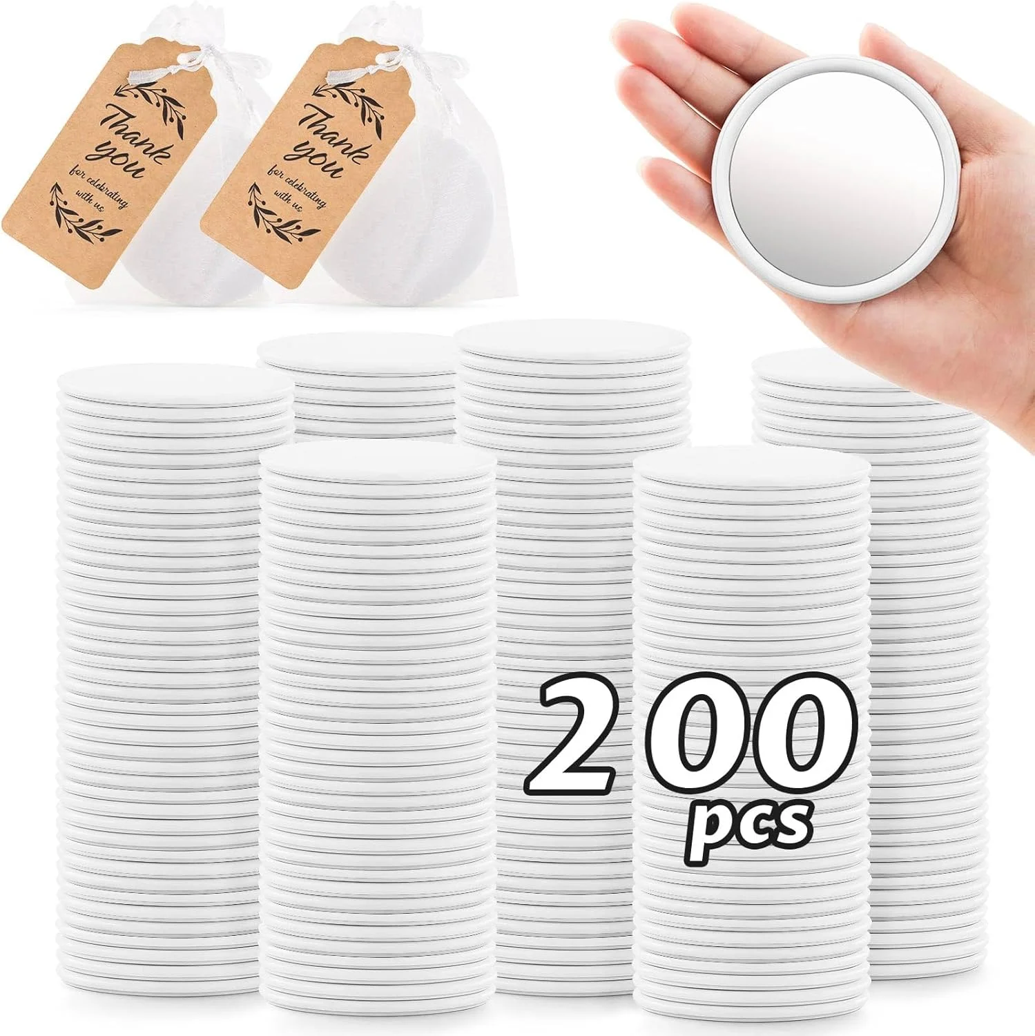 آینه آرایشی جیبی فشرده سفید عمده 200 عددی، آینه مسافرتی قابل حمل گرد برای کیف پول، هدیه ای عالی، آینه جیبی کوچک قدیمی با تگ و کیسه ارگانزا برای استفاده روزانه بانوان در سفر