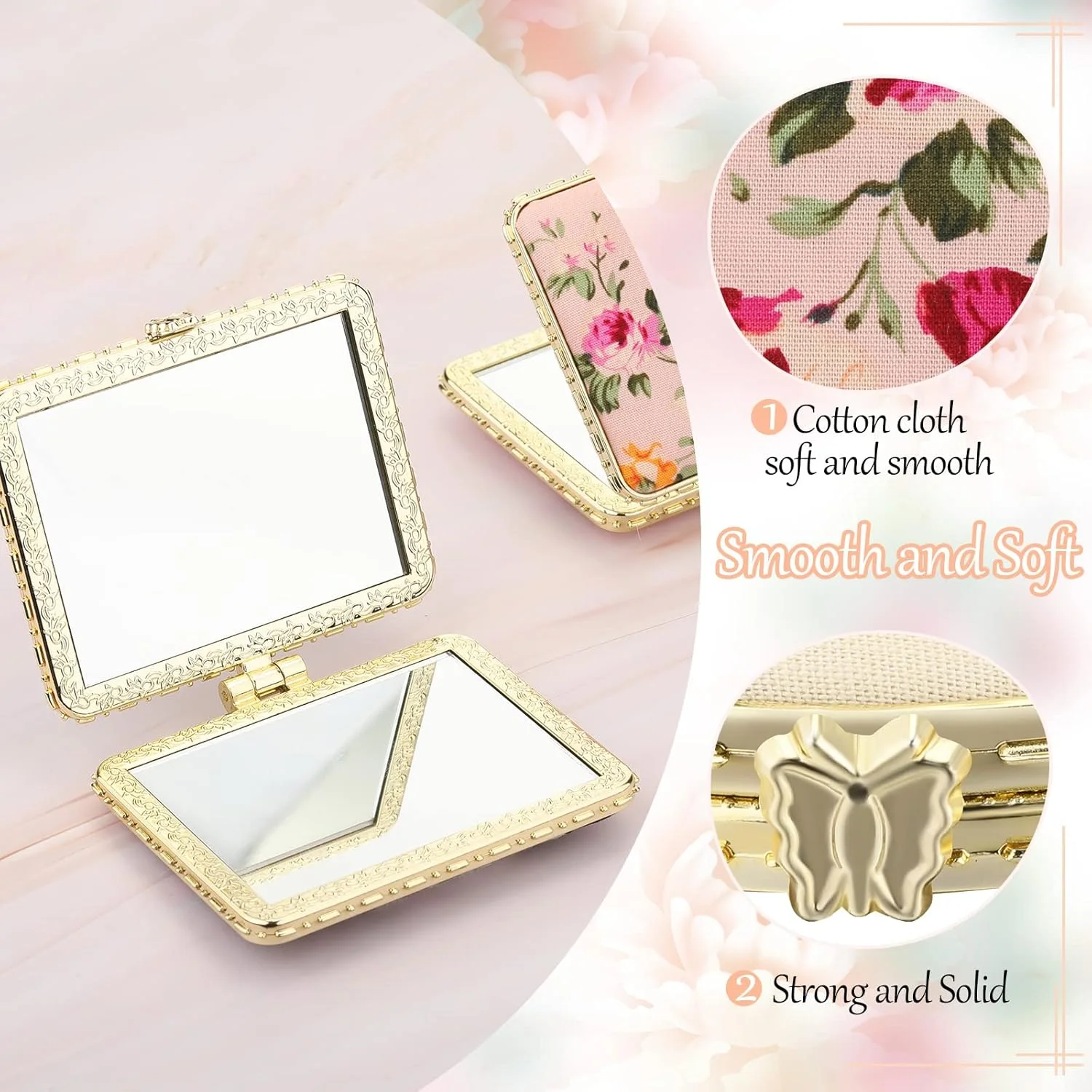 آینه آرایشی کوچک طرح گل، مناسب کیف دستی، آینه جیبی تاشو با طرح قدیمی، قابل حمل برای مسافرت، 8 عدد (لبه نقره ای، طرح قدیمی)