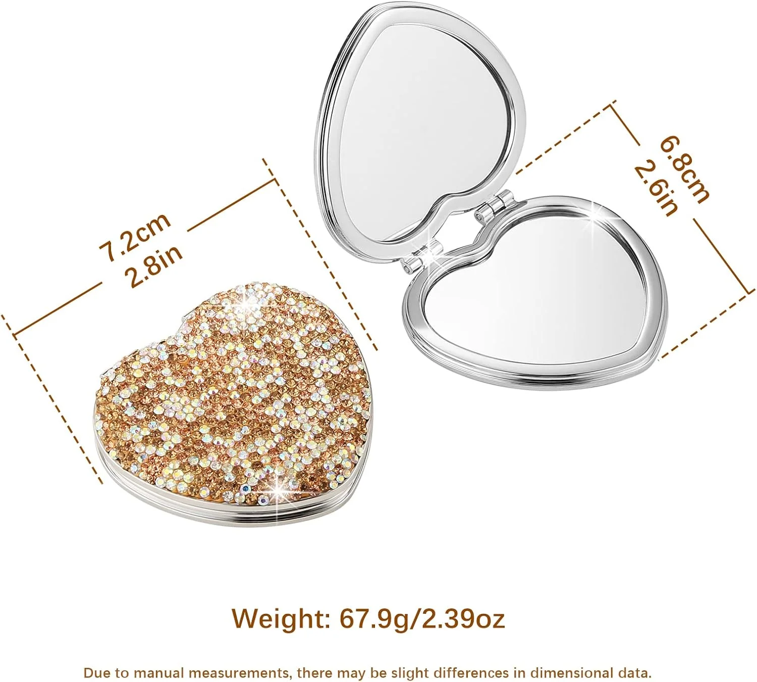 آینه جیبی جمع و جور نگین دار AsAlways، آینه آرایشی مسافرتی قابل حمل و زیبا، آینه دستی تاشو دو طرفه با بزرگنمایی 1x/2x (طلایی)