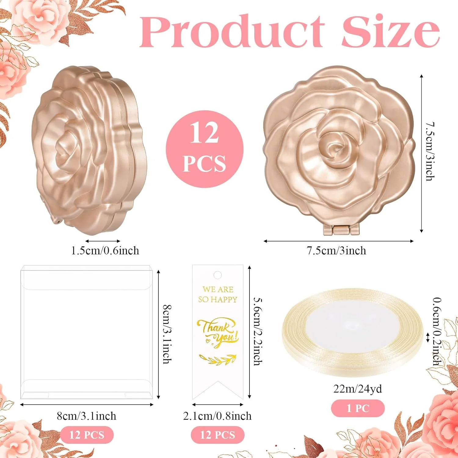 12 عدد ست آینه جیبی مسافرتی کوچک به همراه برس، مناسب برای گیفت عروسی، شامل آینه جیبی گل رز به همراه برس، تگ های تشکر، جعبه های پلاستیکی شفاف به همراه روبان برای گیفت جشن عروس، هدیه یادگاری مهمانان جشن