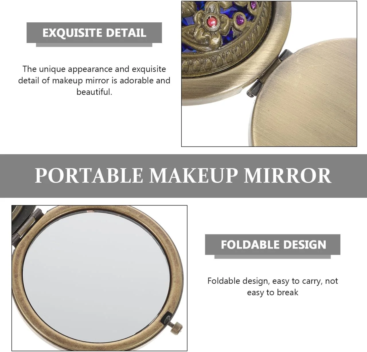 آرتیبتر آینه جیبی عتیقه گرد تاشو دو طرفه برای آرایش بانوان، مادران و کودکان (رنگ تصادفی)