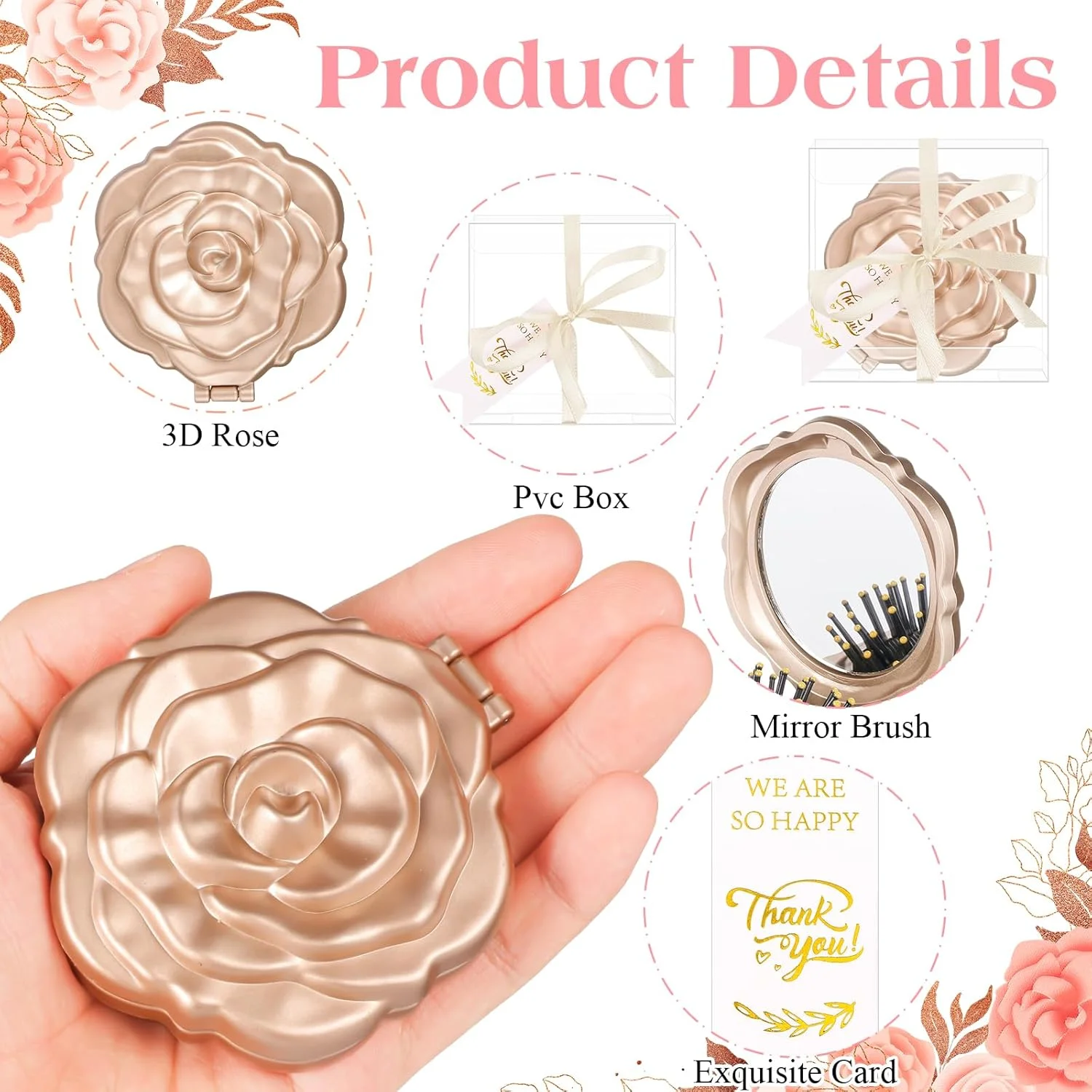 12 عدد ست آینه جیبی مسافرتی کوچک به همراه برس، مناسب برای گیفت عروسی، شامل آینه جیبی گل رز به همراه برس، تگ های تشکر، جعبه های پلاستیکی شفاف به همراه روبان برای گیفت جشن عروس، هدیه یادگاری مهمانان جشن