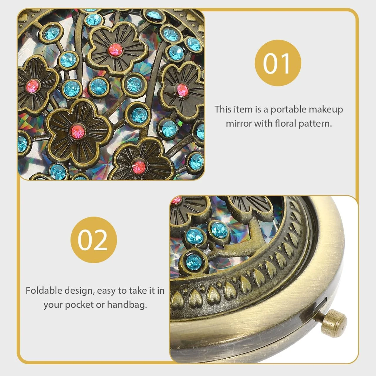 آرتیبتر آینه جیبی عتیقه گرد تاشو دو طرفه برای آرایش بانوان، مادران و کودکان (رنگ تصادفی)