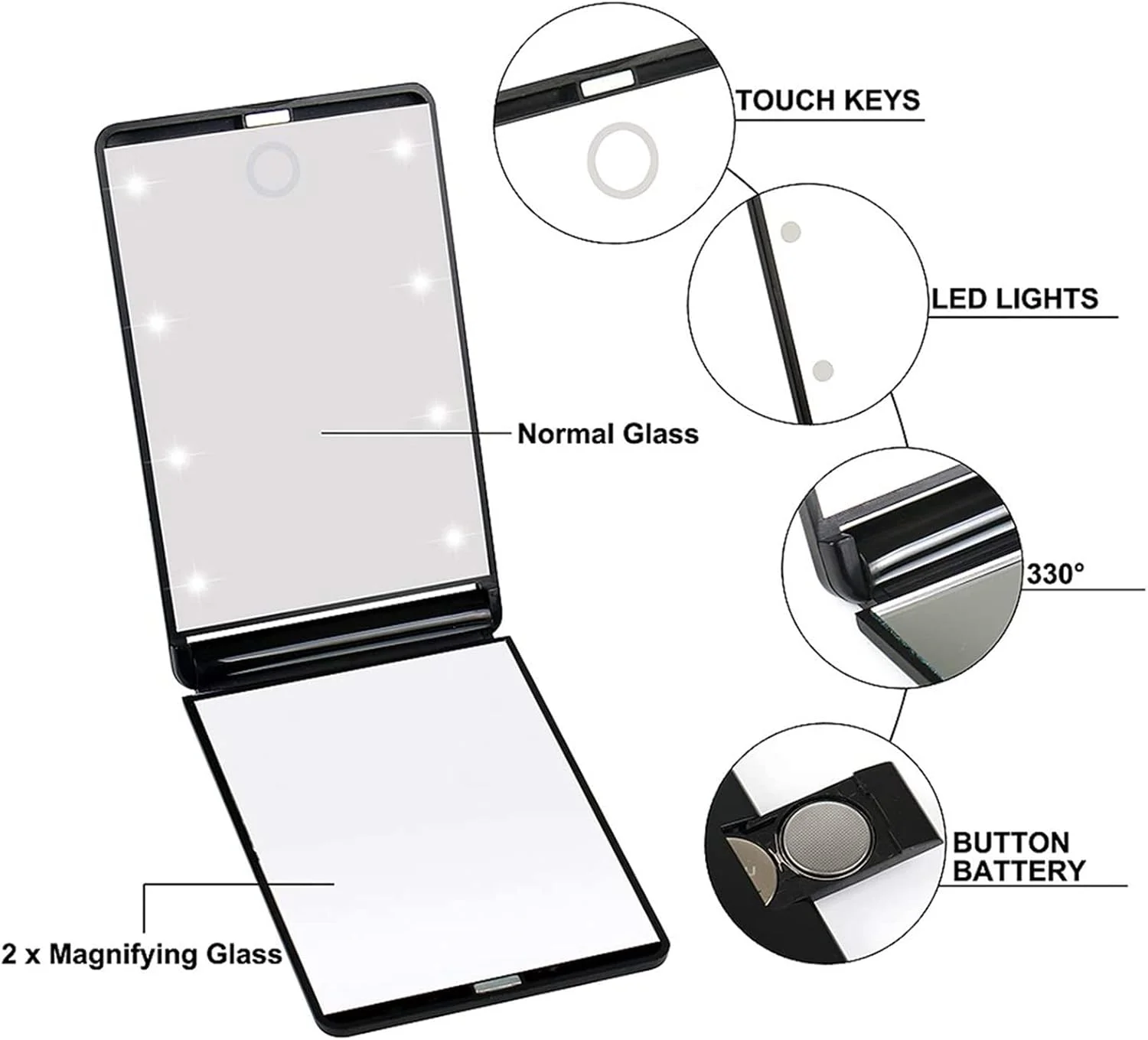 آینه آرایشی مسافرتی LED Arabest، آینه تاشو جمع و جور با بزرگنمایی 1X/2X، آینه آرایشی قابل حمل با 8 چراغ LED قابل تنظیم، آینه رومیزی لمسی (مشکی)