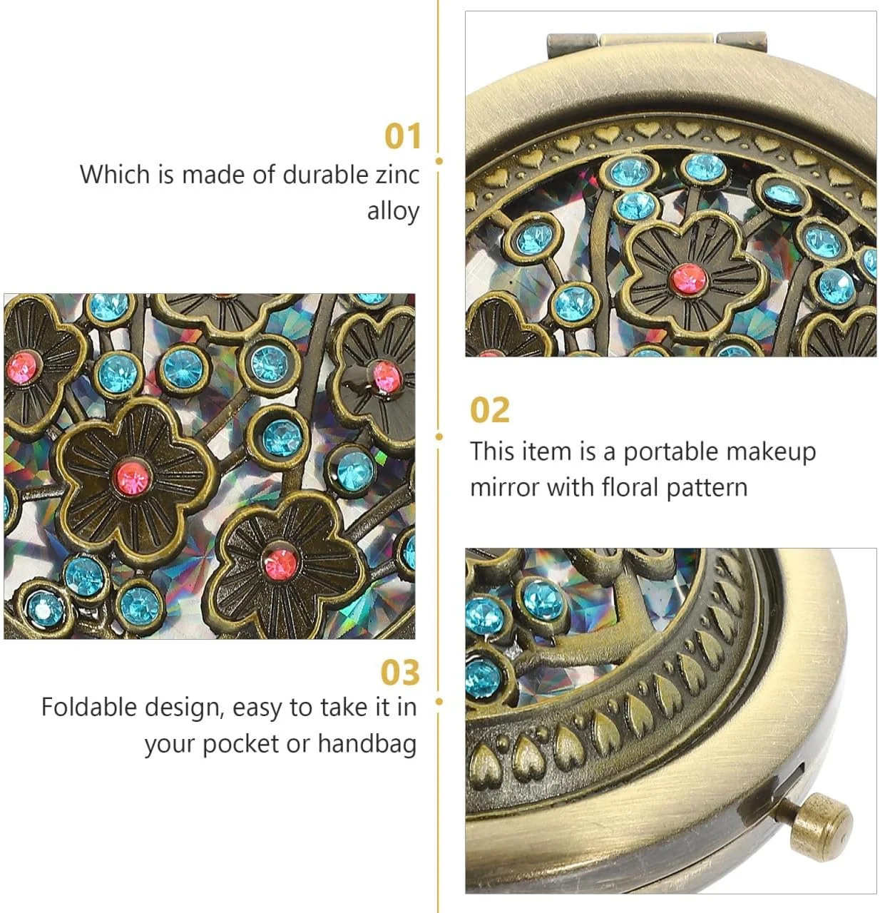 آرتیبتر آینه جیبی عتیقه گرد تاشو دو طرفه برای آرایش بانوان، مادران و کودکان (رنگ تصادفی)