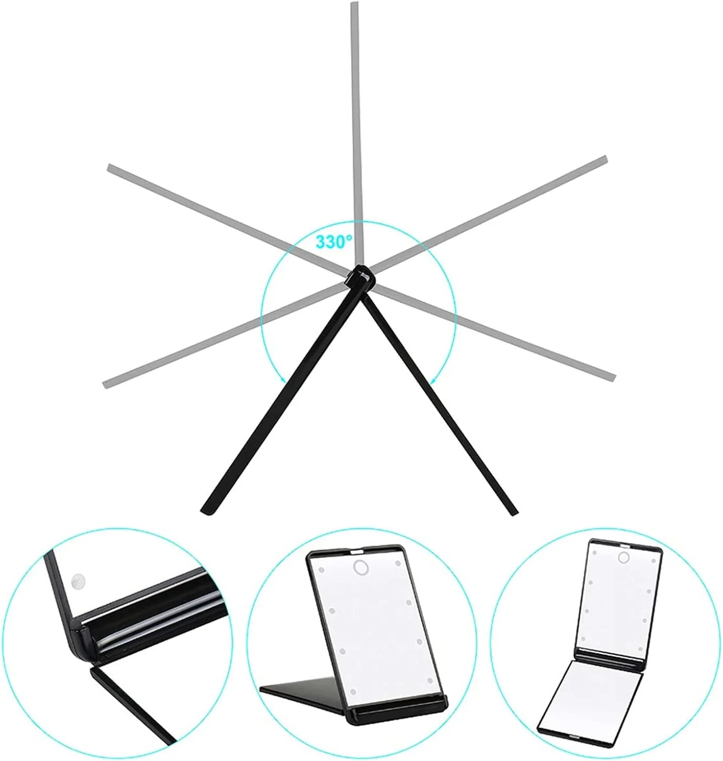 آینه آرایشی مسافرتی LED Arabest، آینه تاشو جمع و جور با بزرگنمایی 1X/2X، آینه آرایشی قابل حمل با 8 چراغ LED قابل تنظیم، آینه رومیزی لمسی (مشکی)