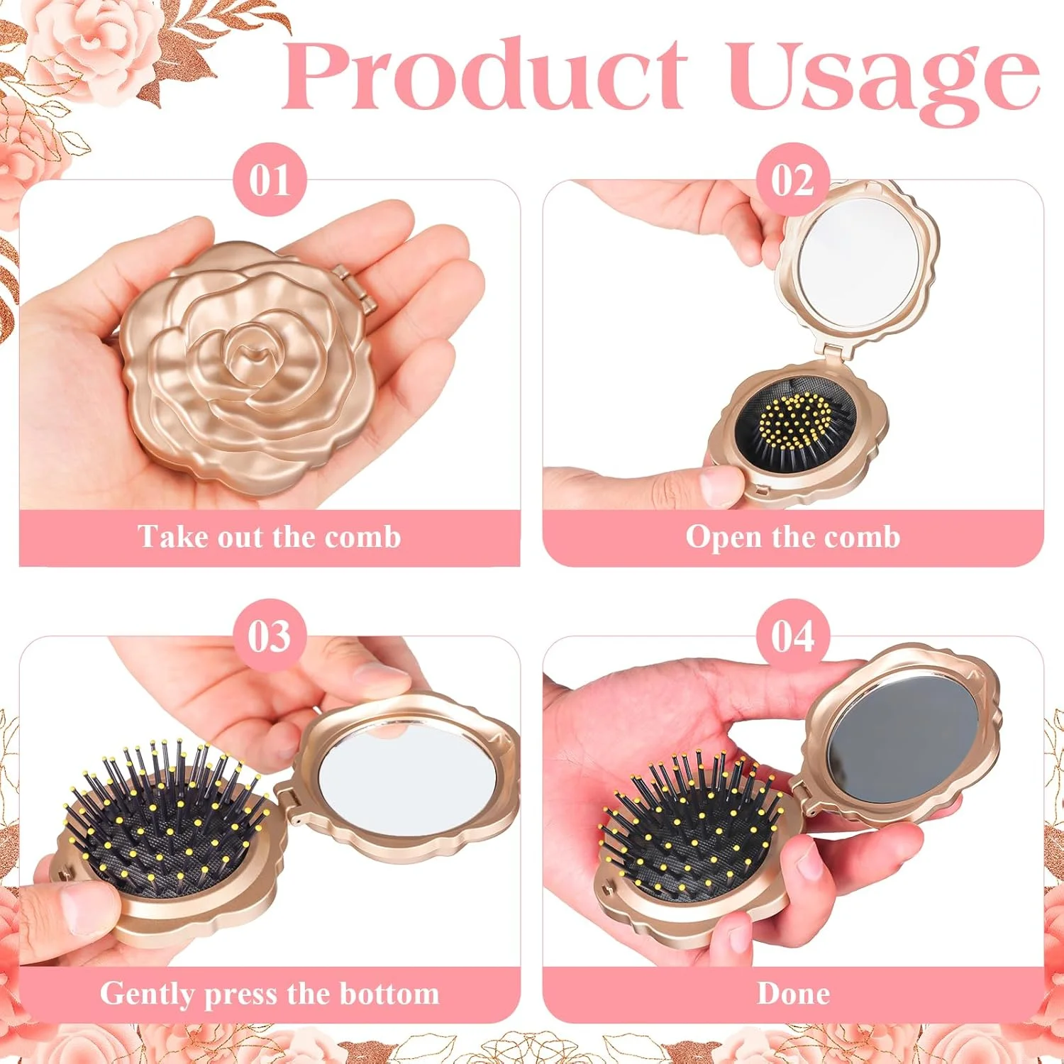 12 عدد ست آینه جیبی مسافرتی کوچک به همراه برس، مناسب برای گیفت عروسی، شامل آینه جیبی گل رز به همراه برس، تگ های تشکر، جعبه های پلاستیکی شفاف به همراه روبان برای گیفت جشن عروس، هدیه یادگاری مهمانان جشن