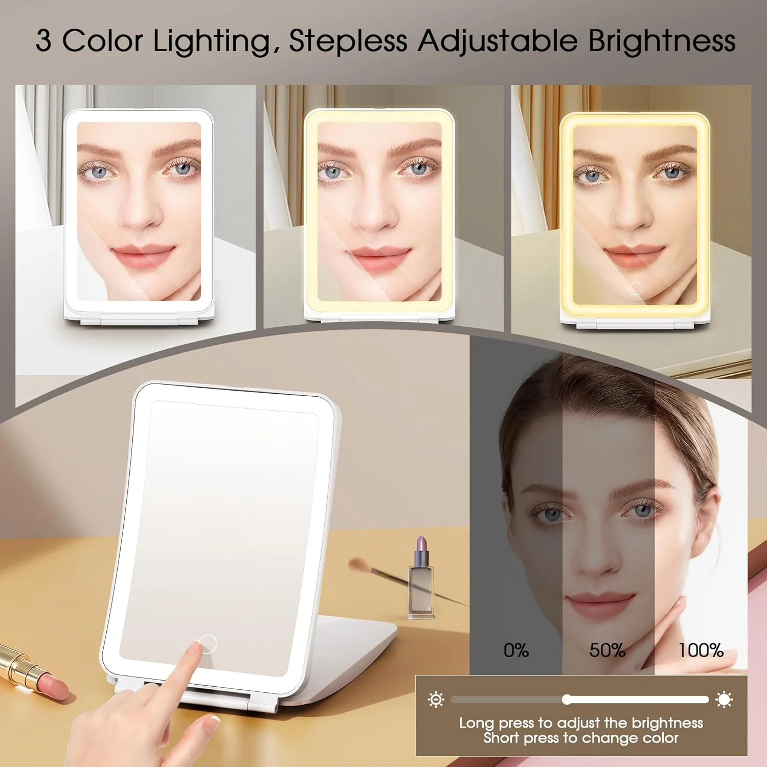 آینه آرایشی چراغ دار با بزرگنمایی 10X/1X، آینه بزرگنمایی شارژی با 80 LED و باتری 2000mAh، آینه رومیزی مسافرتی قابل حمل با نورپردازی 3 رنگ قابل تنظیم، لوازم ضروری سفر