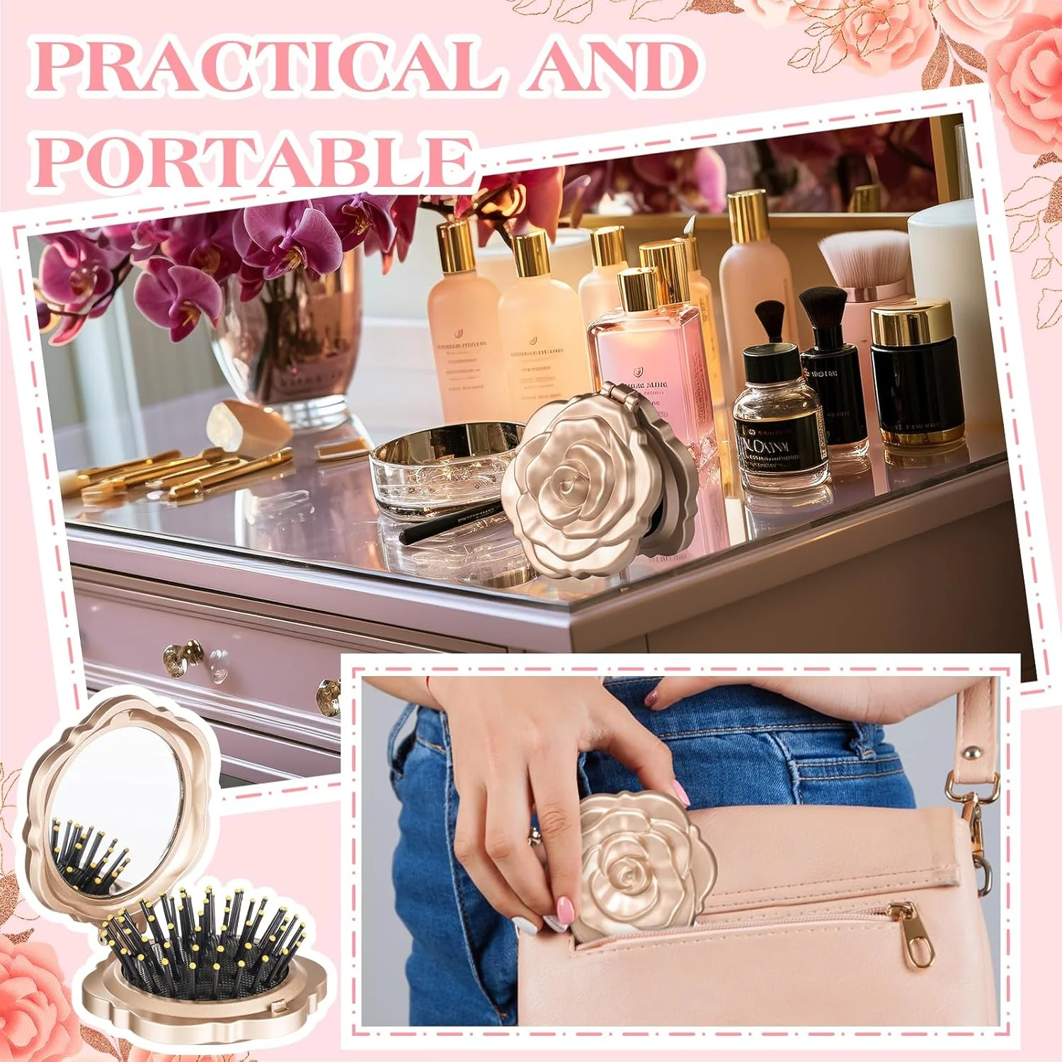 12 عدد ست آینه جیبی مسافرتی کوچک به همراه برس، مناسب برای گیفت عروسی، شامل آینه جیبی گل رز به همراه برس، تگ های تشکر، جعبه های پلاستیکی شفاف به همراه روبان برای گیفت جشن عروس، هدیه یادگاری مهمانان جشن