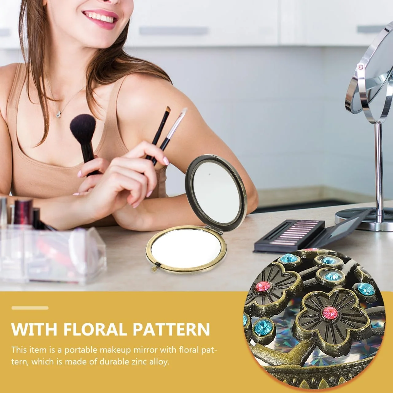 آرتیبتر آینه جیبی عتیقه گرد تاشو دو طرفه برای آرایش بانوان، مادران و کودکان (رنگ تصادفی)