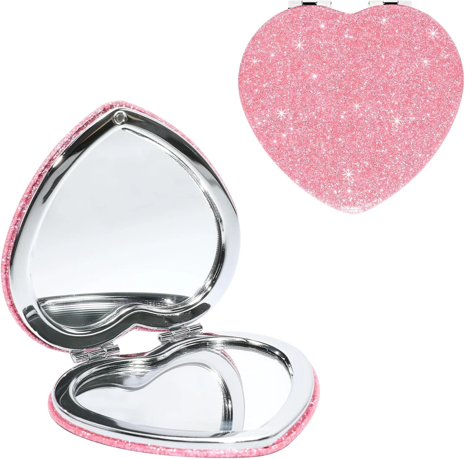 آینه آرایشی قلبی شکل صورتی Ayzylpth، آینه مسافرتی جمع و جور 7.3x7.1 سانتی متری با بزرگنمایی 2 برابر، شیشه ضد شکست، قاب براق و طراحی آسان بازشو برای کیف پول، کیف دستی و آرایش سریع