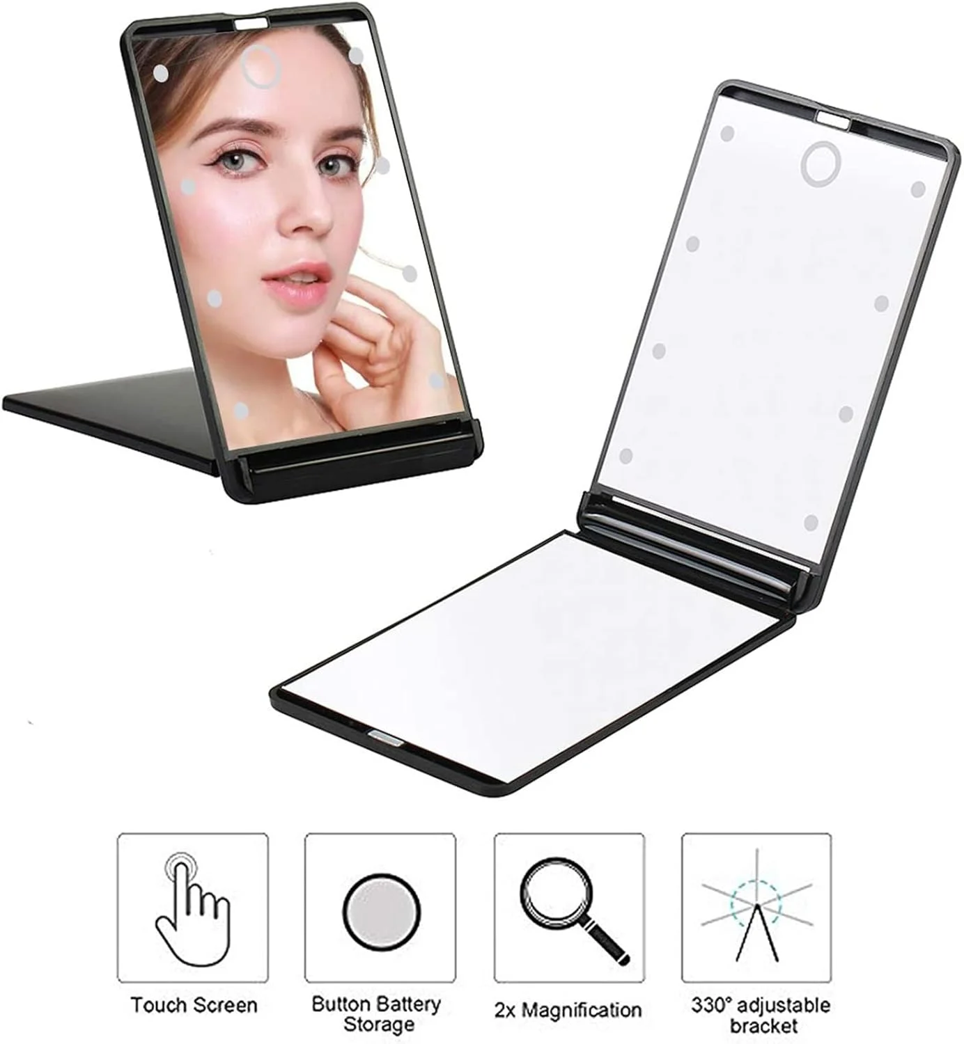 آینه آرایشی مسافرتی LED Arabest، آینه تاشو جمع و جور با بزرگنمایی 1X/2X، آینه آرایشی قابل حمل با 8 چراغ LED قابل تنظیم، آینه رومیزی لمسی (مشکی)