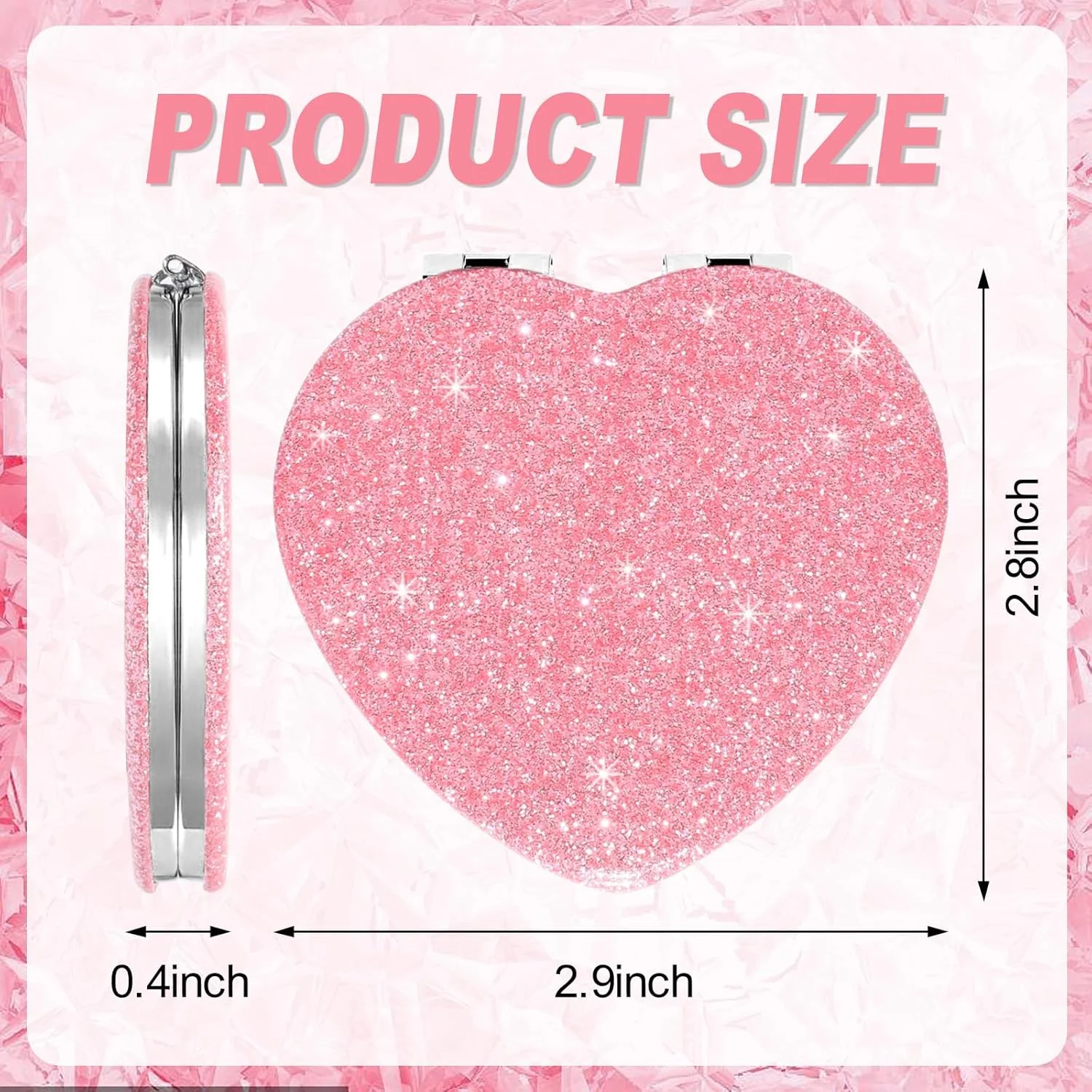 آینه آرایشی قلبی شکل صورتی Ayzylpth، آینه مسافرتی جمع و جور 7.3x7.1 سانتی متری با بزرگنمایی 2 برابر، شیشه ضد شکست، قاب براق و طراحی آسان بازشو برای کیف پول، کیف دستی و آرایش سریع