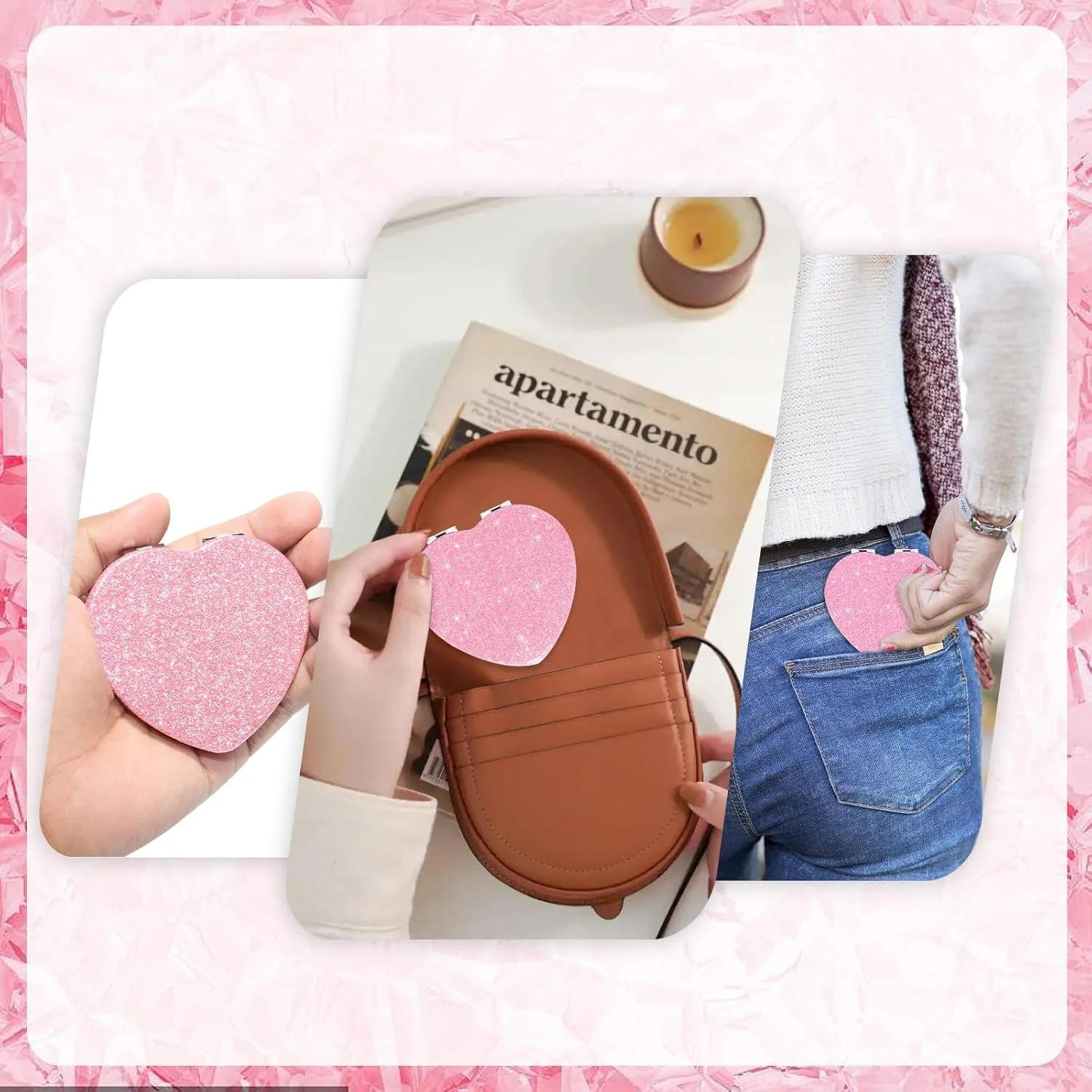 آینه آرایشی قلبی شکل صورتی Ayzylpth، آینه مسافرتی جمع و جور 7.3x7.1 سانتی متری با بزرگنمایی 2 برابر، شیشه ضد شکست، قاب براق و طراحی آسان بازشو برای کیف پول، کیف دستی و آرایش سریع