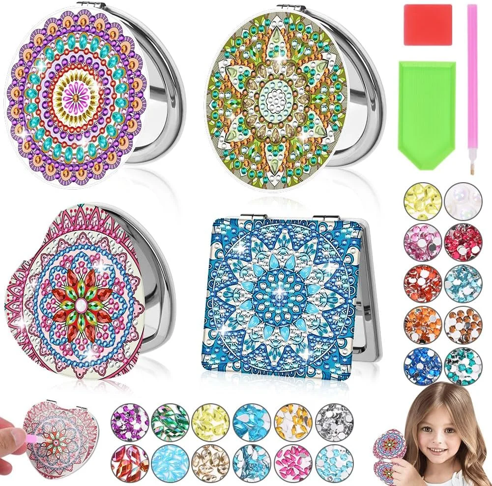 آینه های جیبی هنری الماس AUAUY، ست 4 عددی، آینه تاشو ذره بینی قابل حمل با طرح ماندالا، کیت هنر نقطه ای الماس برای مبتدیان