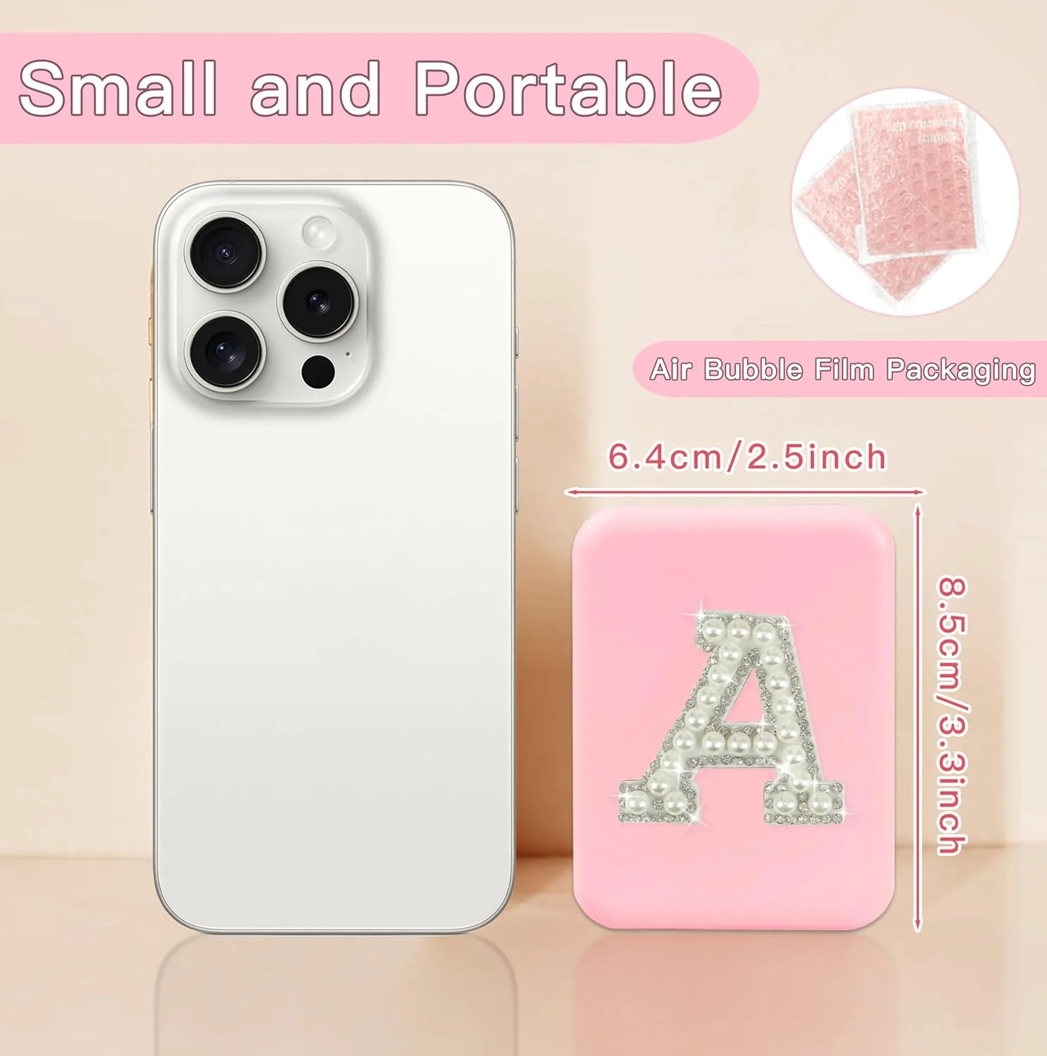 آینه جیبی مرواریدی شخصی‌سازی شده Aganmi با بزرگنمایی 1X/2X، آینه آرایشی کوچک مسافرتی، آینه جمع و جور کوچک صورتی، آینه تاشو قابل حمل، هدیه و لوازم ضروری سفر برای زنان و دختران نوجوان (S)