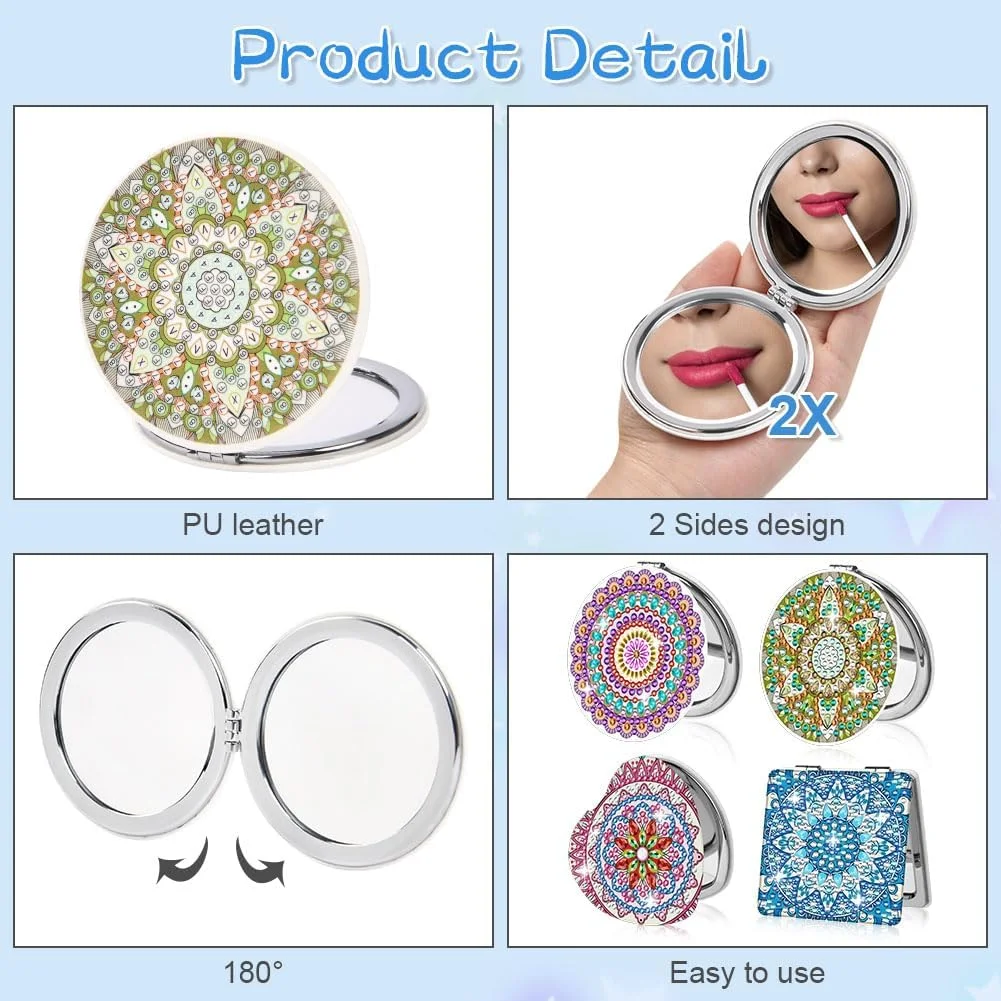 آینه های جیبی هنری الماس AUAUY، ست 4 عددی، آینه تاشو ذره بینی قابل حمل با طرح ماندالا، کیت هنر نقطه ای الماس برای مبتدیان