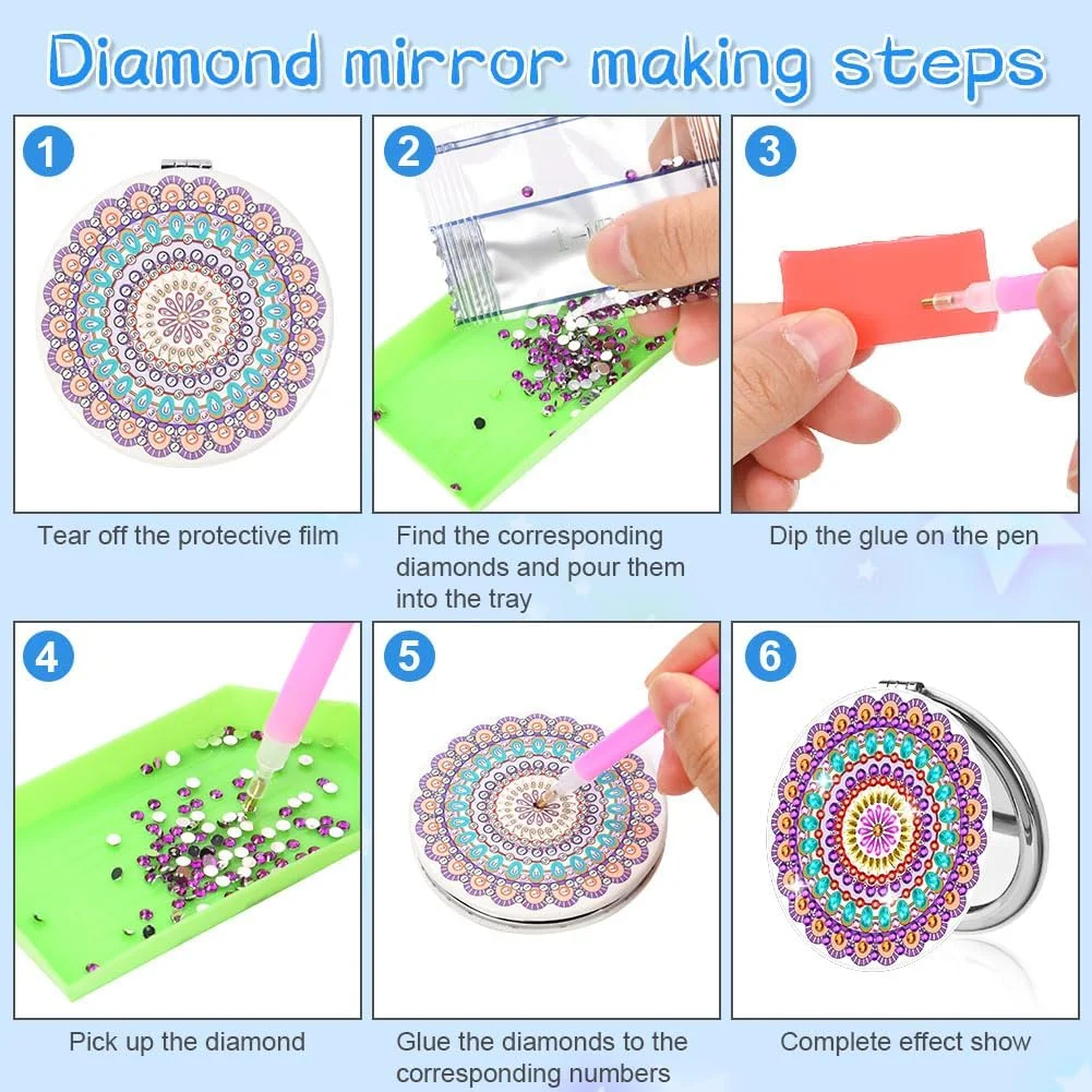 آینه های جیبی هنری الماس AUAUY، ست 4 عددی، آینه تاشو ذره بینی قابل حمل با طرح ماندالا، کیت هنر نقطه ای الماس برای مبتدیان