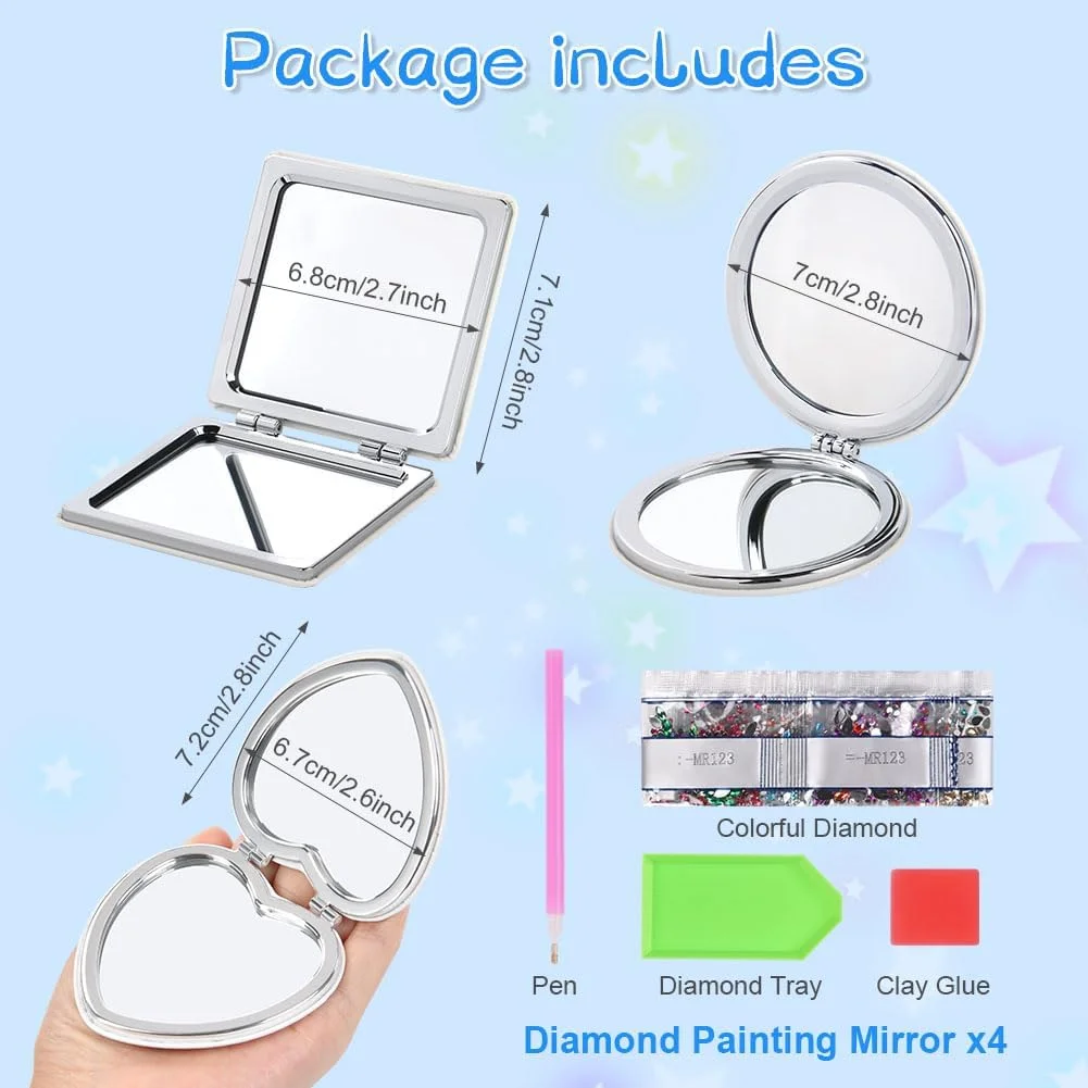 آینه های جیبی هنری الماس AUAUY، ست 4 عددی، آینه تاشو ذره بینی قابل حمل با طرح ماندالا، کیت هنر نقطه ای الماس برای مبتدیان
