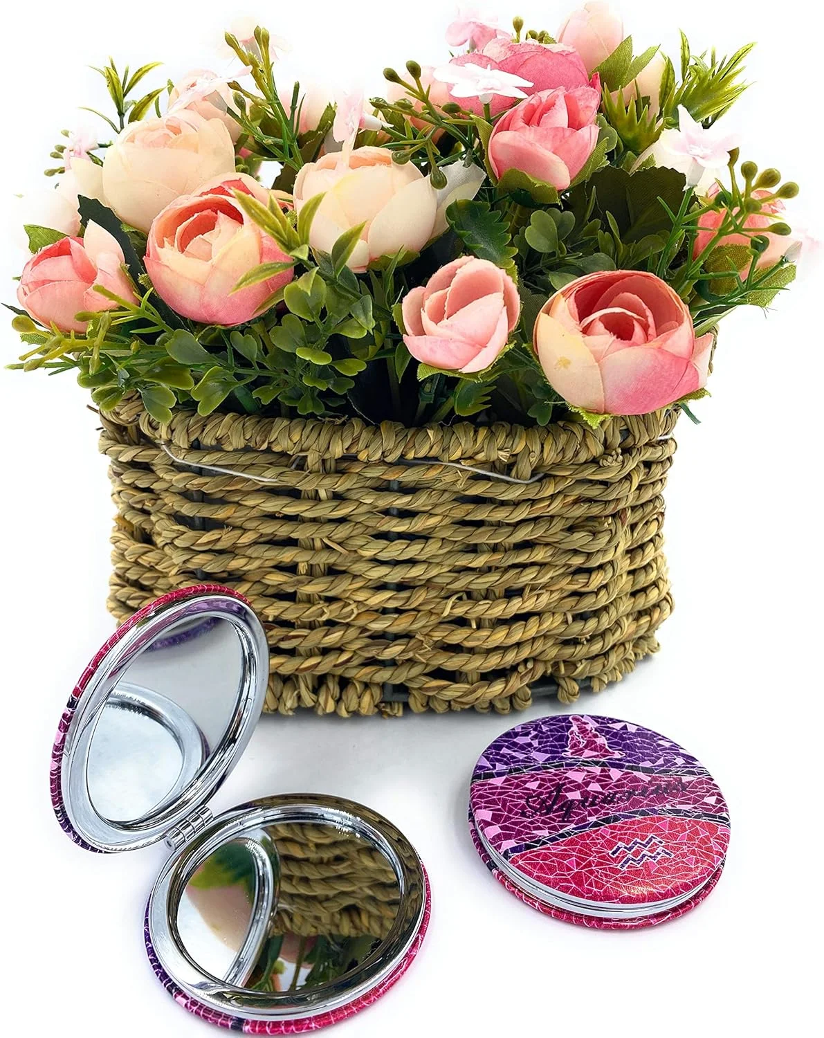 Aeisage Pocket Small Mirror Compact Aquarius Makeup Gift for Women Birthday with Zodiac Aquarius Sign Pocket Charms Diameter 2.75 x 0.4 Thickness