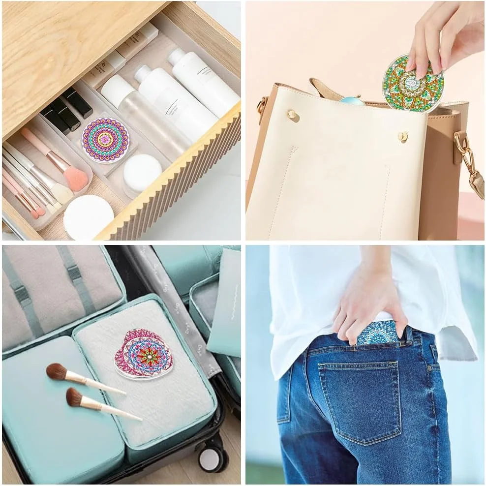 آینه های جیبی هنری الماس AUAUY، ست 4 عددی، آینه تاشو ذره بینی قابل حمل با طرح ماندالا، کیت هنر نقطه ای الماس برای مبتدیان