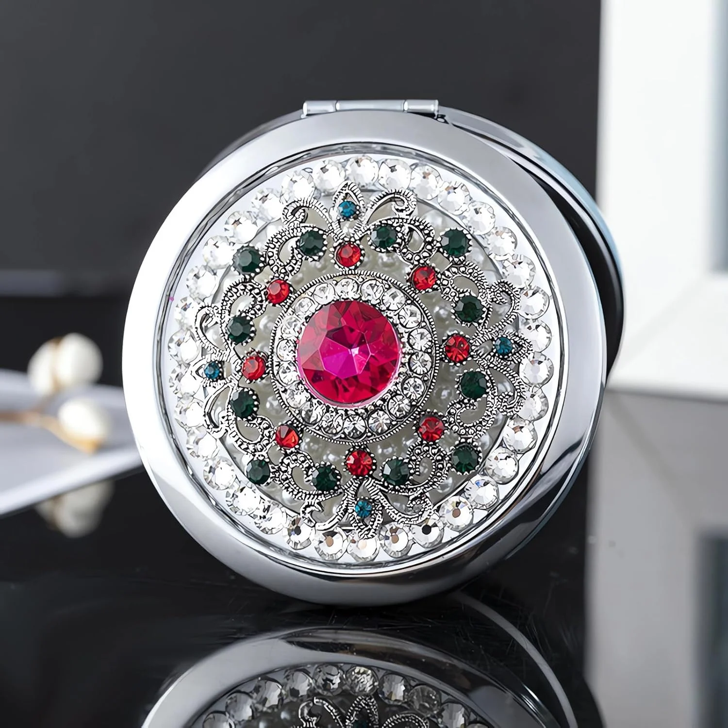 آینه جیبی امانمن برای زنان 1x/2x آینه جمع و جور برای کیف دستی، آینه کوچک گرد دست ساز، آینه مینی آرایشی مسافرتی دخترانه (سنگ صورتی)