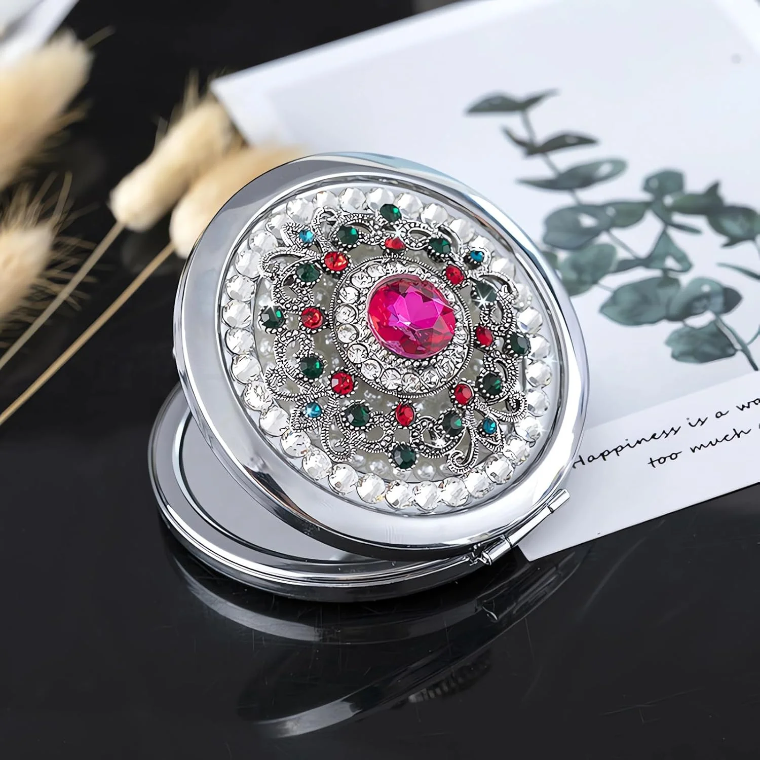 آینه جیبی امانمن برای زنان 1x/2x آینه جمع و جور برای کیف دستی، آینه کوچک گرد دست ساز، آینه مینی آرایشی مسافرتی دخترانه (سنگ صورتی)