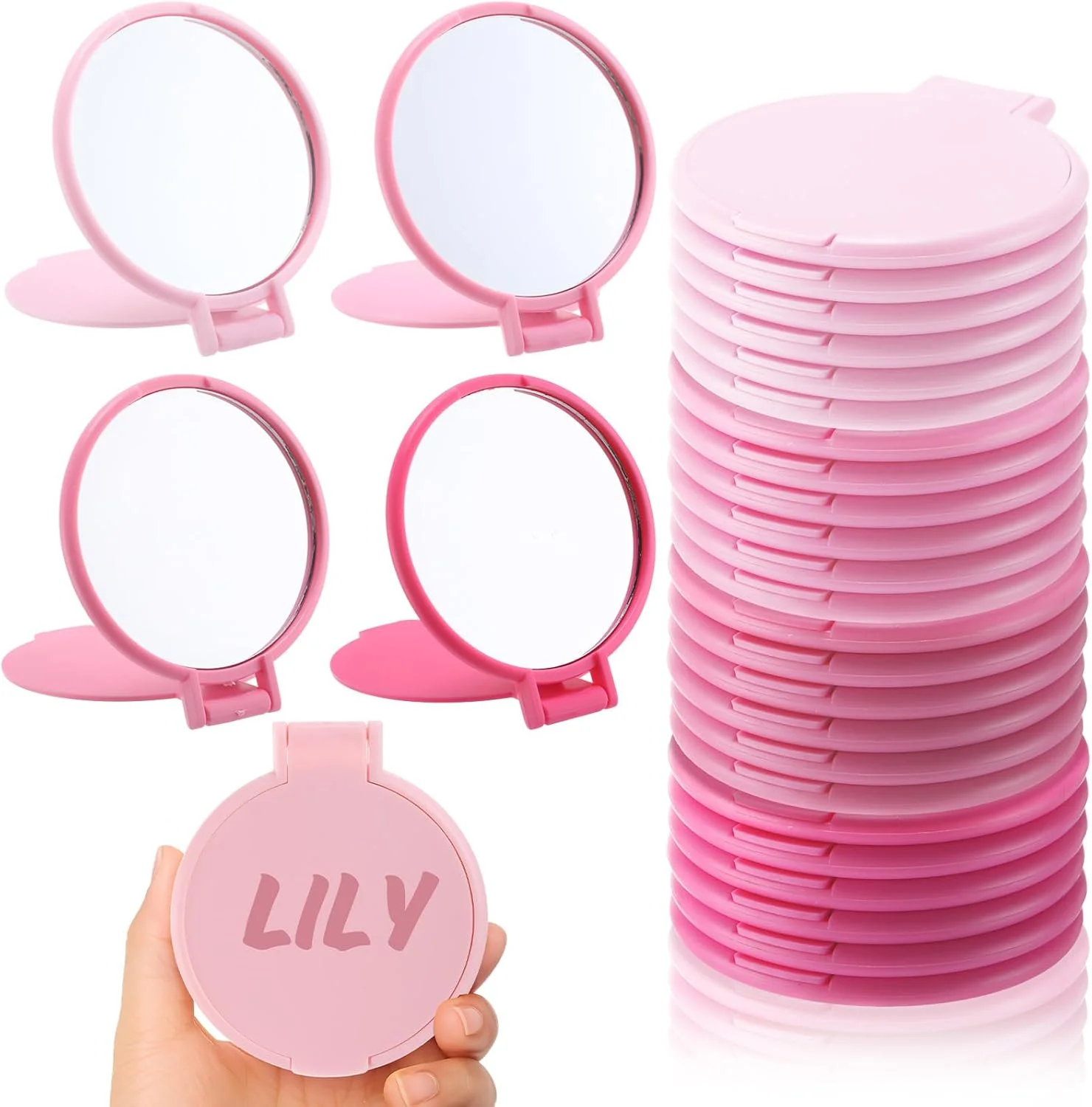 آینه های جیبی کوچک امی هیل 24 عددی، آینه های تاشو قابل حمل برای مهمانی عروسی، جشن نوزاد، هدیه تولد، مسافرت (صورتی)