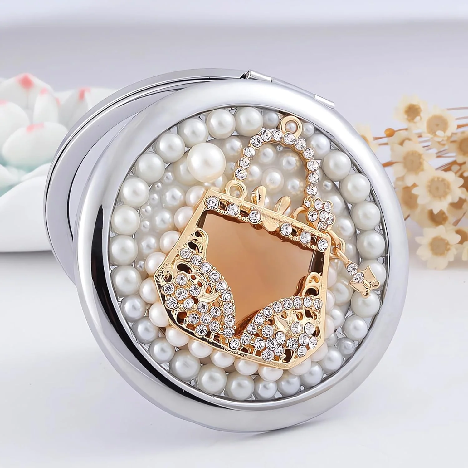 آینه جیبی زنانه آمانمان 1x/2x، آینه جمع و جور برای کیف دستی، دست ساز، آینه گرد کوچک، آینه مینی آرایشی مسافرتی دخترانه (کیف طلایی)