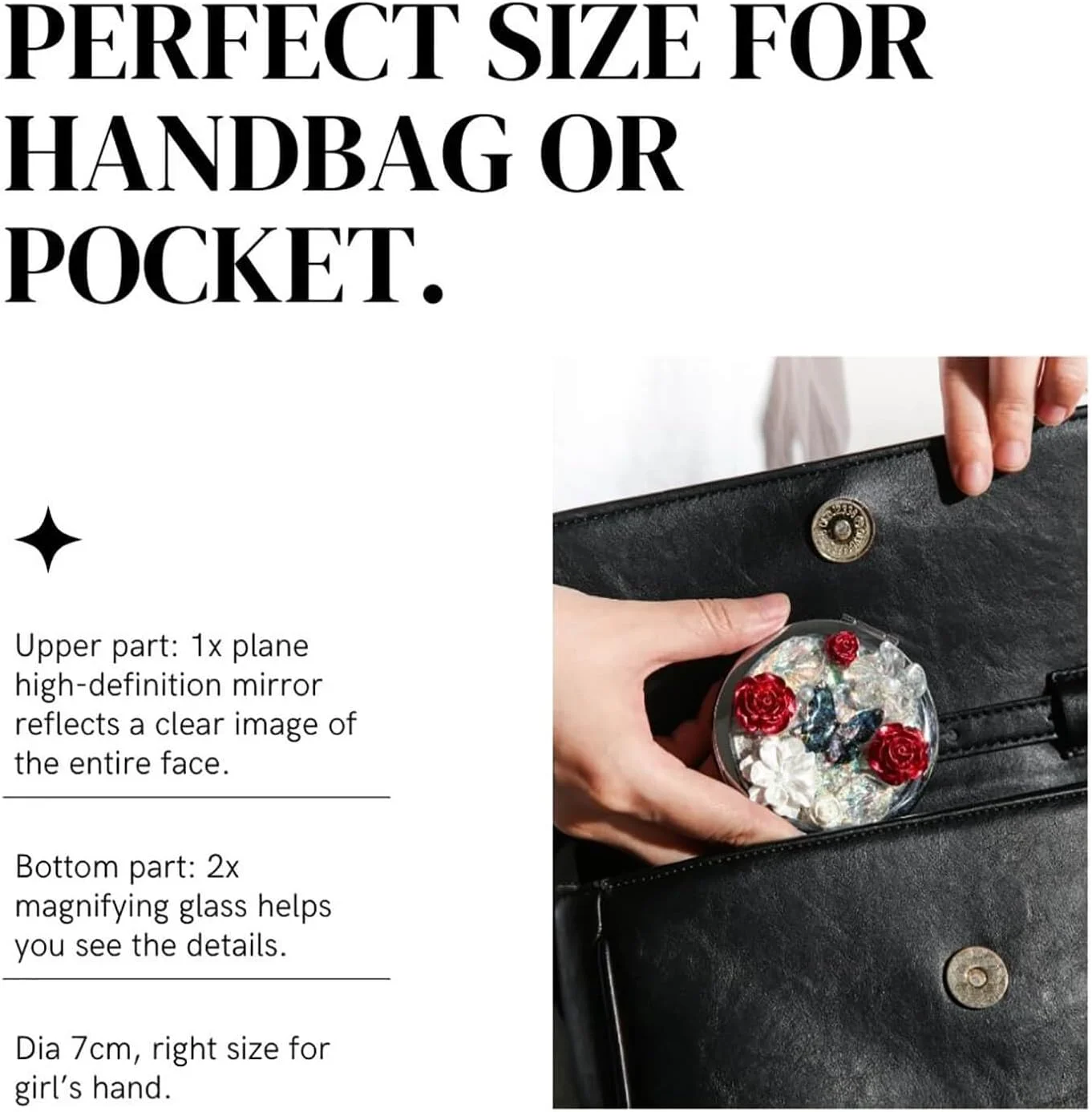 آینه جیبی کوچک Amanman با طرح پروانه، آینه آرایشی تاشو با بزرگنمایی 1 و 2 برابر (نقره ای)