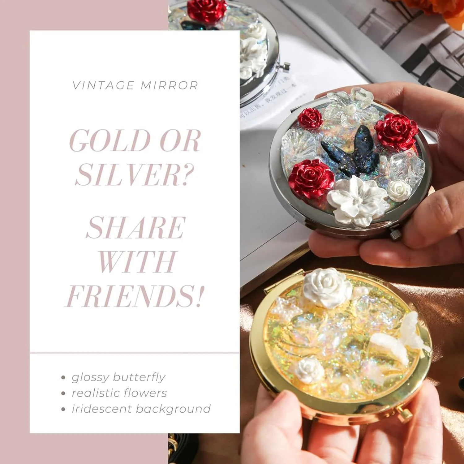 آینه جیبی کوچک Amanman با طرح پروانه، آینه آرایشی تاشو با بزرگنمایی 1 و 2 برابر (نقره ای)