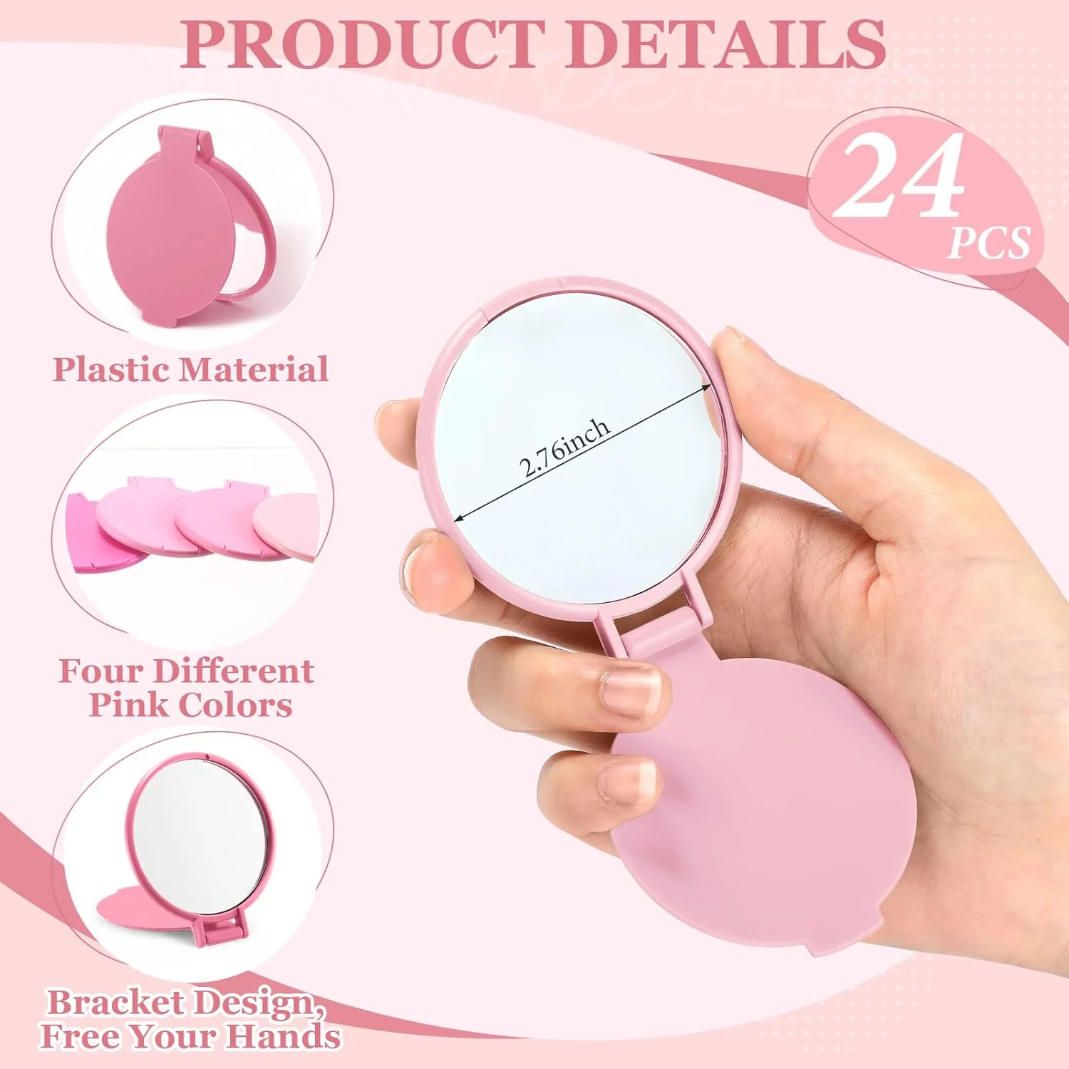 آینه های جیبی کوچک امی هیل 24 عددی، آینه های تاشو قابل حمل برای مهمانی عروسی، جشن نوزاد، هدیه تولد، مسافرت (صورتی)