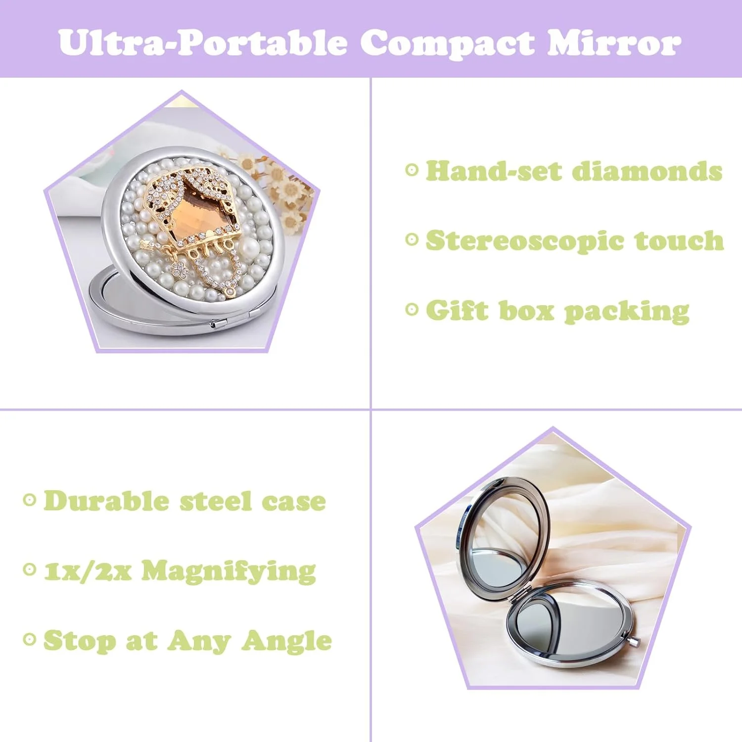 آینه جیبی زنانه آمانمان 1x/2x، آینه جمع و جور برای کیف دستی، دست ساز، آینه گرد کوچک، آینه مینی آرایشی مسافرتی دخترانه (کیف طلایی)