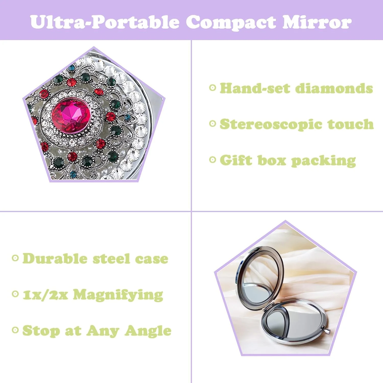 آینه جیبی امانمن برای زنان 1x/2x آینه جمع و جور برای کیف دستی، آینه کوچک گرد دست ساز، آینه مینی آرایشی مسافرتی دخترانه (سنگ صورتی)