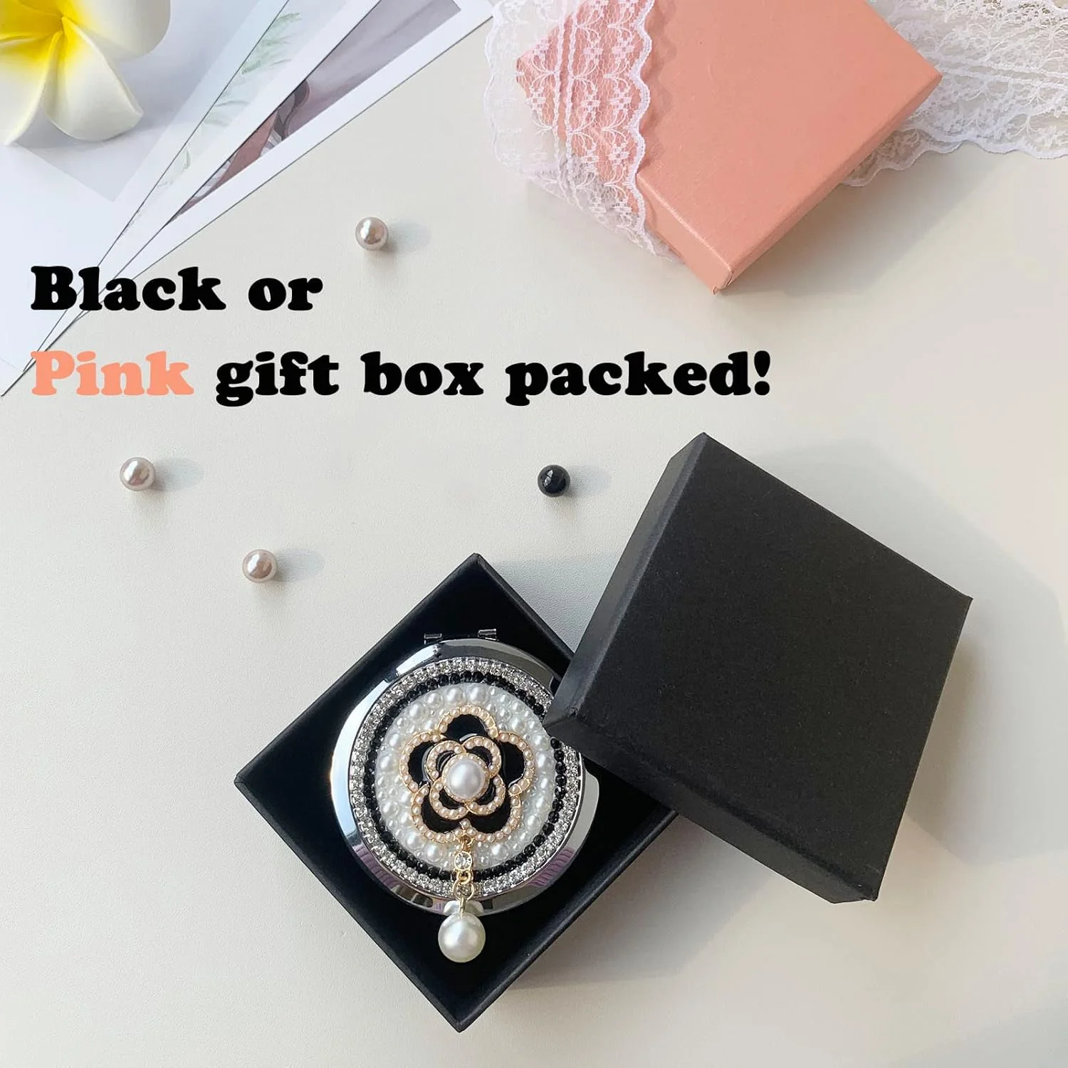 آینه جیبی زنانه آمانمان 1x/2x، آینه جمع و جور برای کیف دستی، دست ساز، آینه گرد کوچک، آینه مینی آرایشی مسافرتی دخترانه (کیف طلایی)