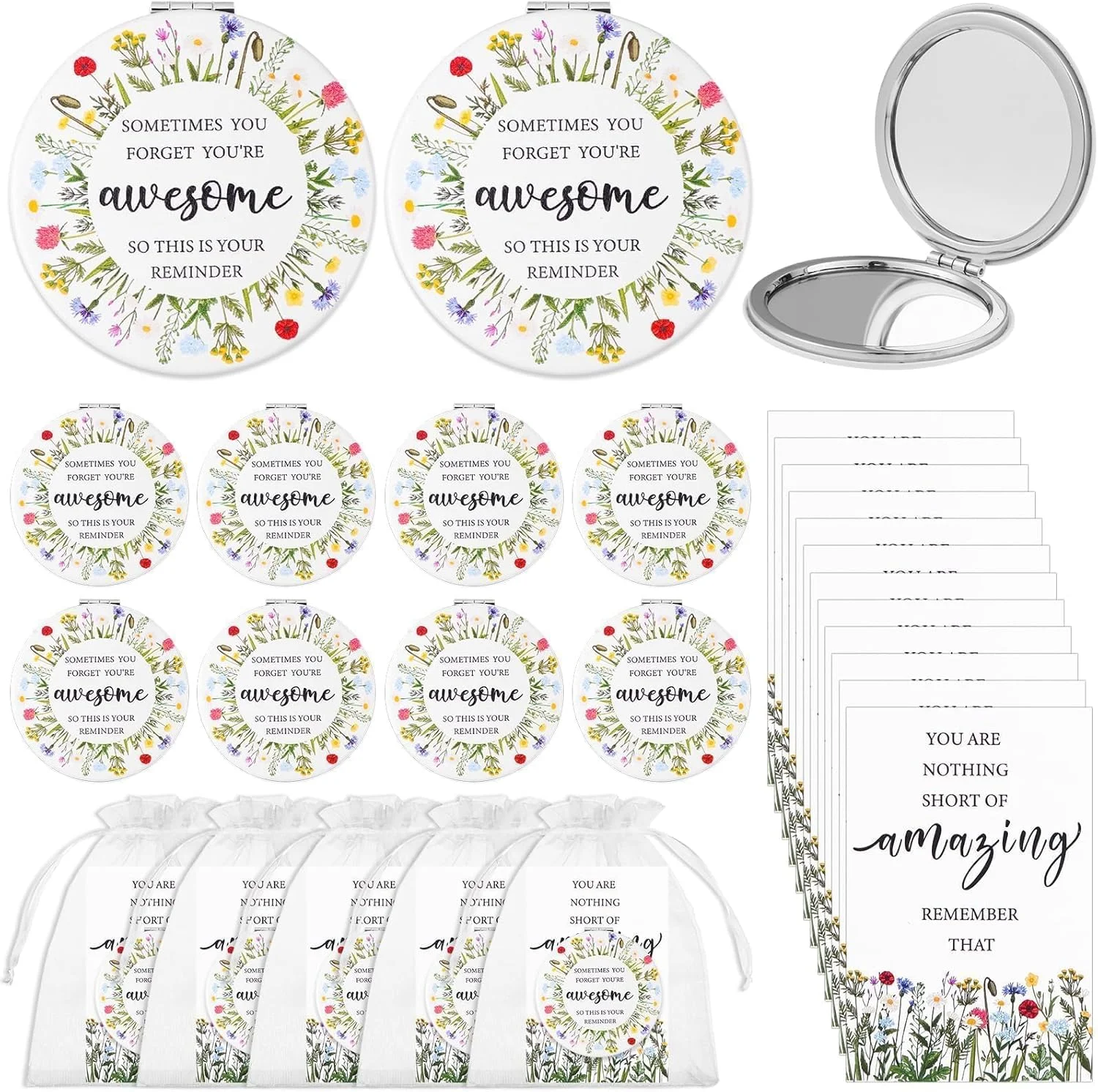 12 ست هدیه قدردانی الهام بخش، آینه آرایشی تاشو جیبی مسافرتی PU، آینه کوچک دو طرفه با بزرگنمایی به همراه کارت تشکر و کیف برای زنان، کارمندان، همکاران، روز مادر