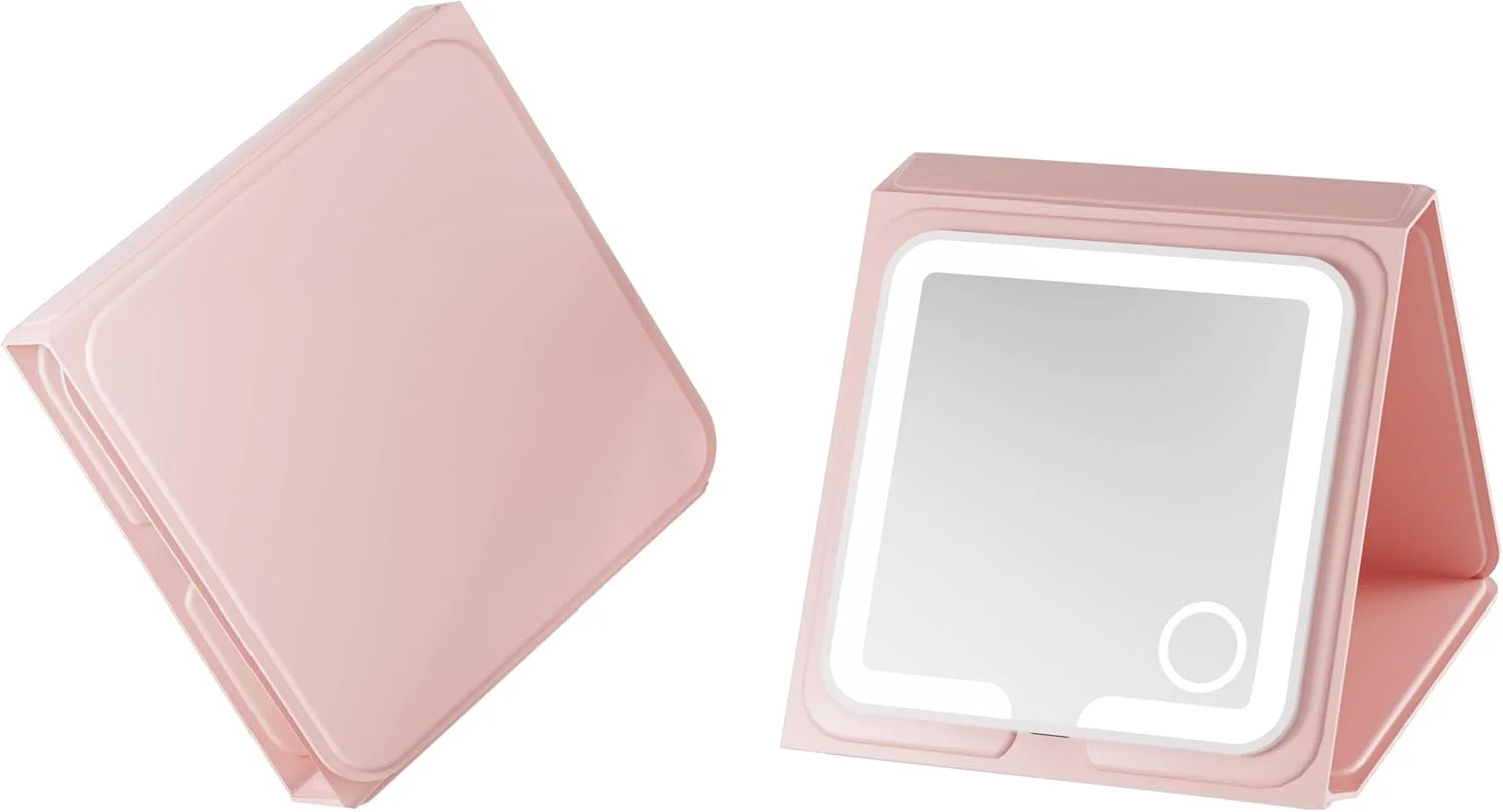 آینه آرایشی مسافرتی LED چرمی صورتی Amysmart - آینه جیبی سه تایی بزرگنمایی 1X/5X/10X، آینه دستی جمع و جور با نور برای کیف پول و مسافرت، آینه کوچک روشن برای هدیه (سه تایی صورتی)