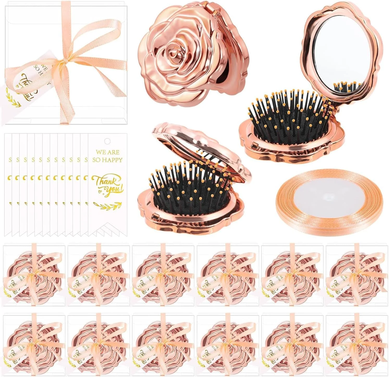 ست 12 تایی آینه جیبی رُز به همراه برس، مناسب گیفت مهمانی، عروسی، جشن پانزده سالگی (Quinceanera) و هدیه یادبود جشن عروس، شامل آینه جیبی رُز، برس، تگ تشکر و جعبه های شفاف به همراه روبان