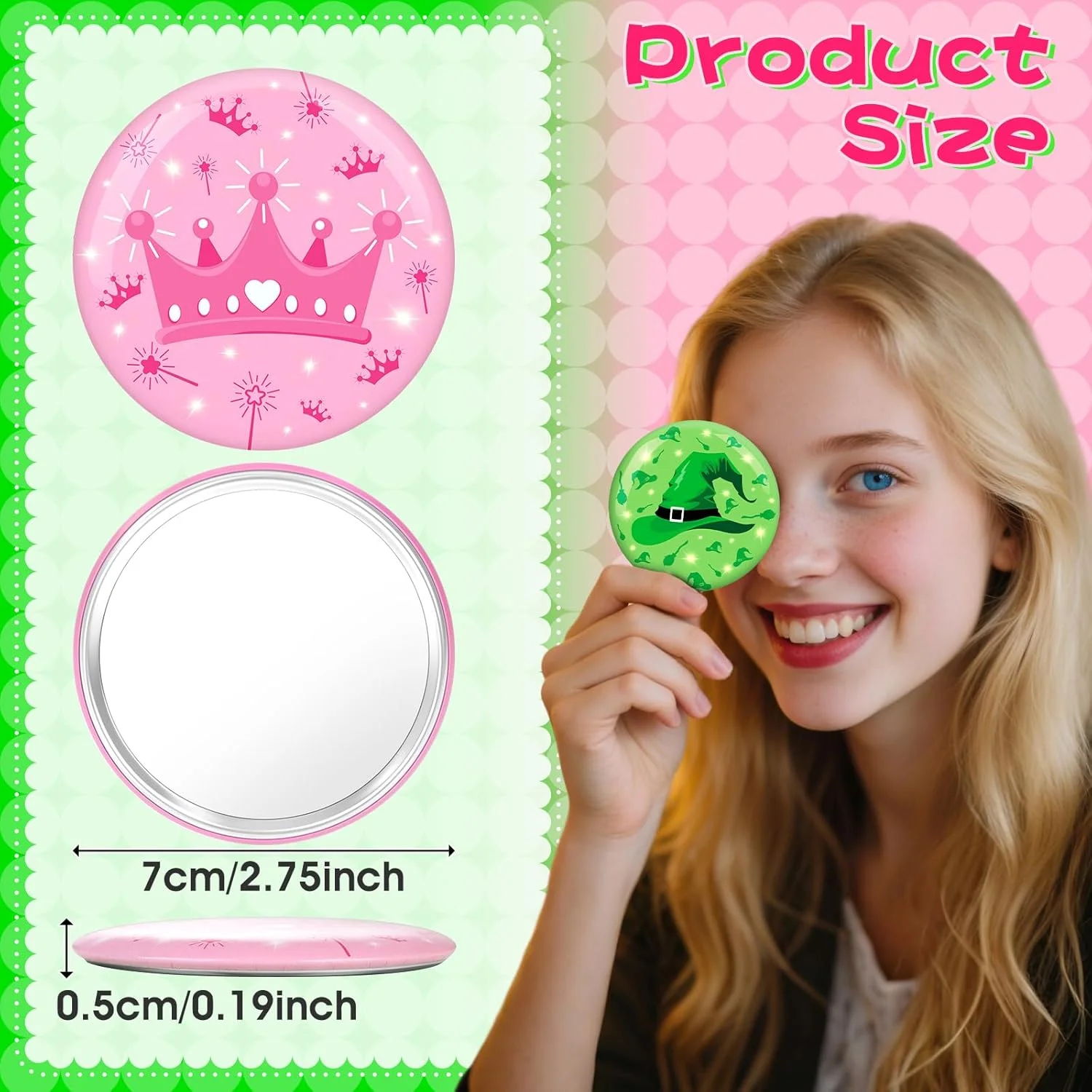 آینه جیبی قابل حمل آکایشی، 6 عددی، صورتی و سبز، آینه آرایشی کوچک 2.75 اینچی برای سفر، هدیه دخترانه، زنانه، دوستی، مهمانی