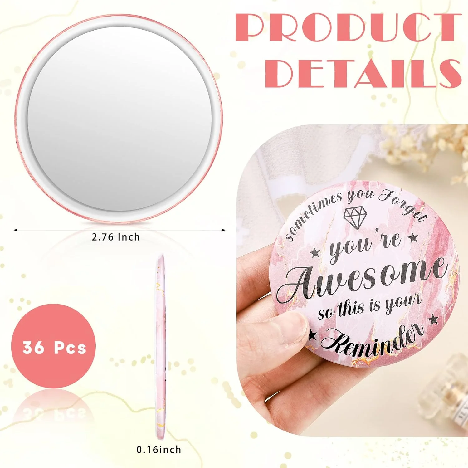 2.76 Inch 36 Pcs Inspirational Compact Mirror Bulk Gifts for Women Mini Pocket Mirror Small Employee Round Makeup for ‌Christmas Galentines Mothers Nurse Quinceanera