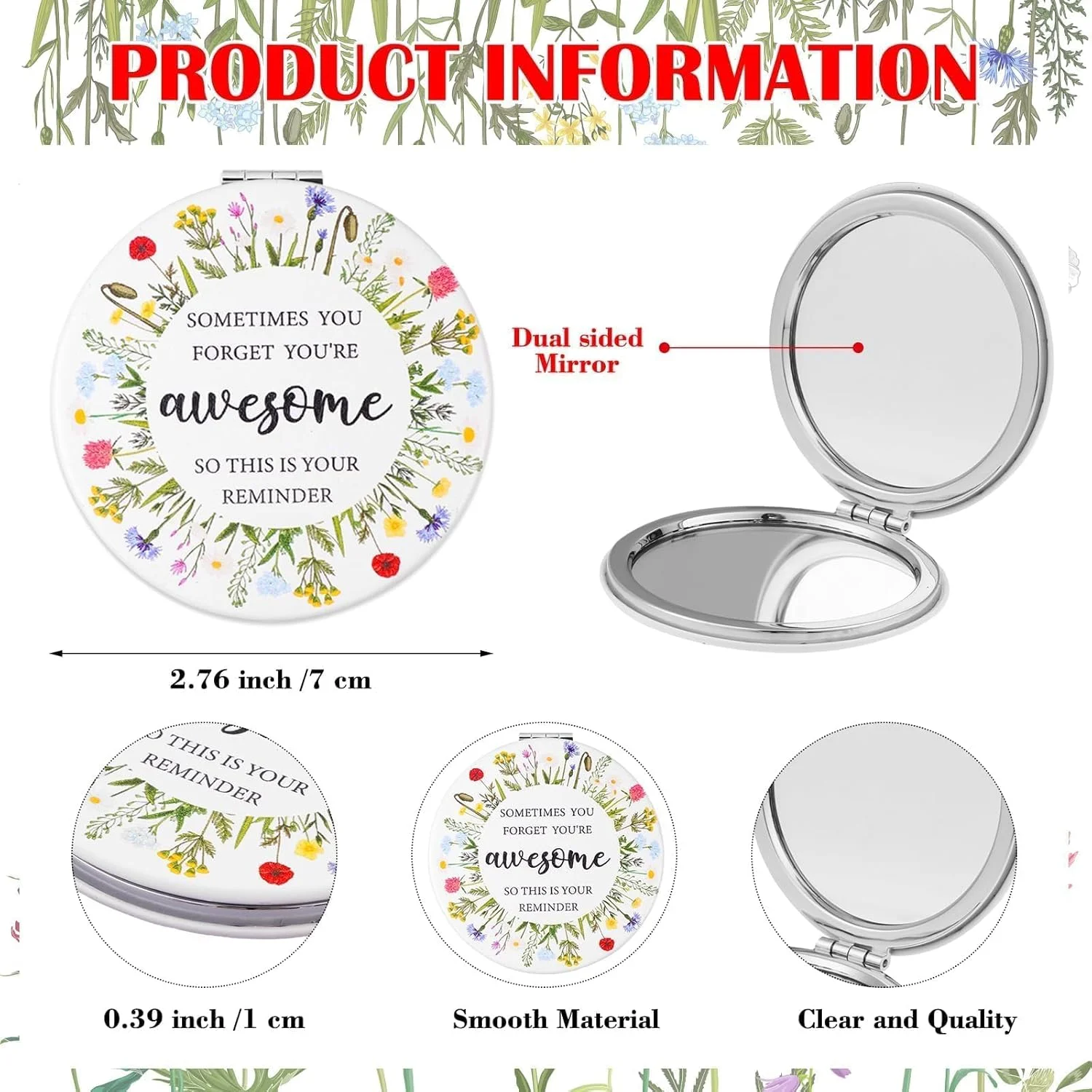 12 ست هدیه قدردانی الهام بخش، آینه آرایشی تاشو جیبی مسافرتی PU، آینه کوچک دو طرفه با بزرگنمایی به همراه کارت تشکر و کیف برای زنان، کارمندان، همکاران، روز مادر